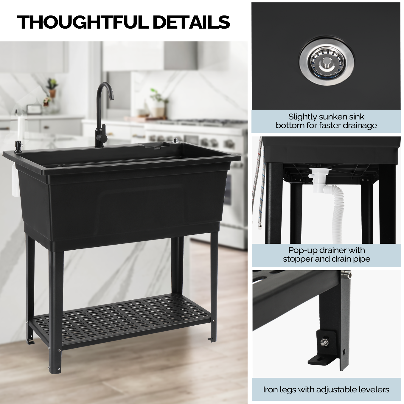 ROVSUN 40" X 24" Heavy Duty Plastic Laundry Tub with Storage Shelf Black