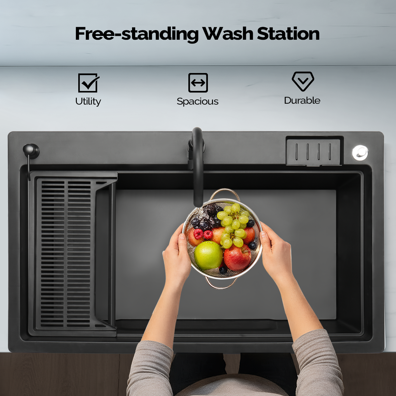 ROVSUN 40" X 24" Heavy Duty Plastic Laundry Tub with Storage Shelf Black