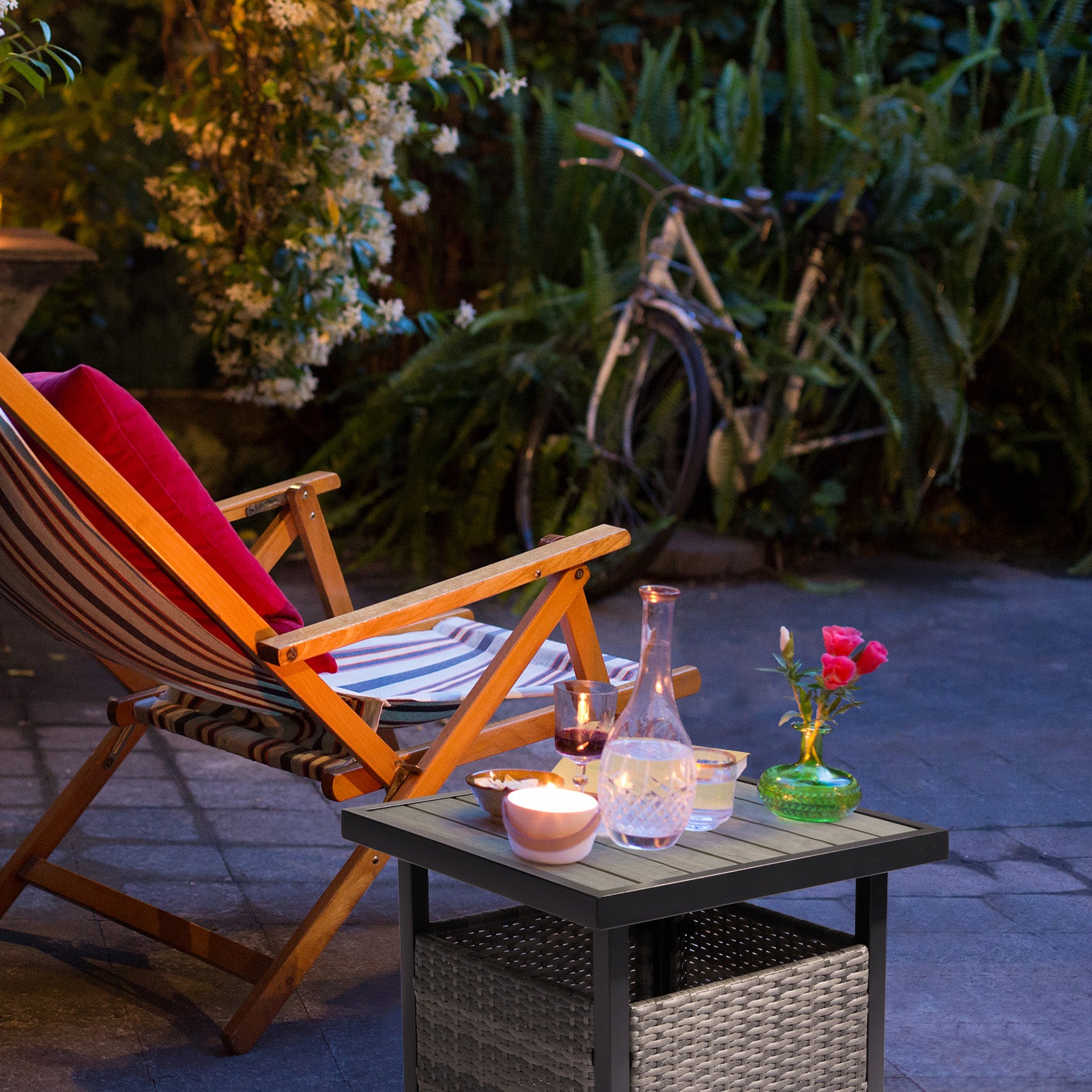 Outdoor Wicker Side Table with Umbrella Hole Grey