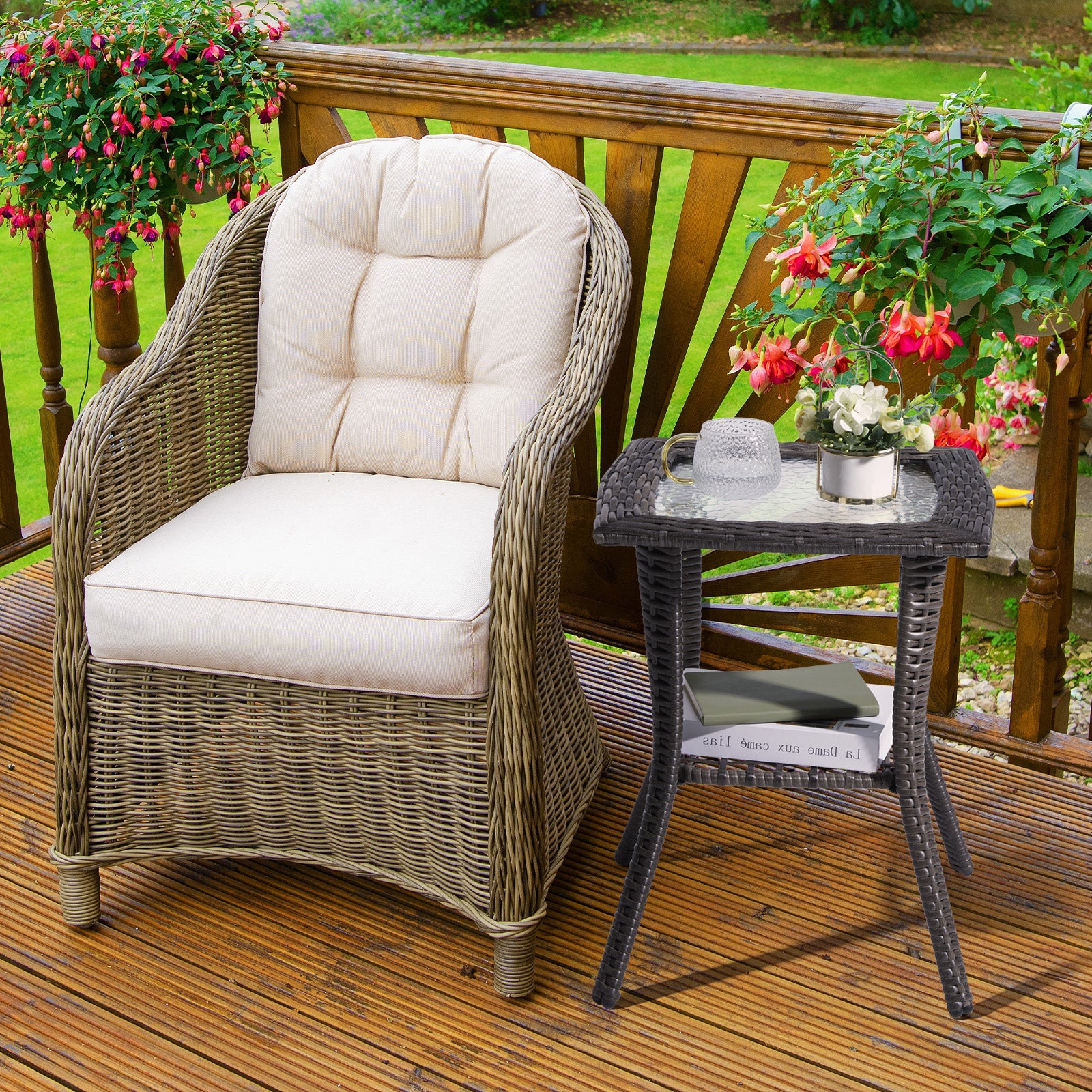 Outdoor Wicker Side Table with Tempered Glass Top Grey