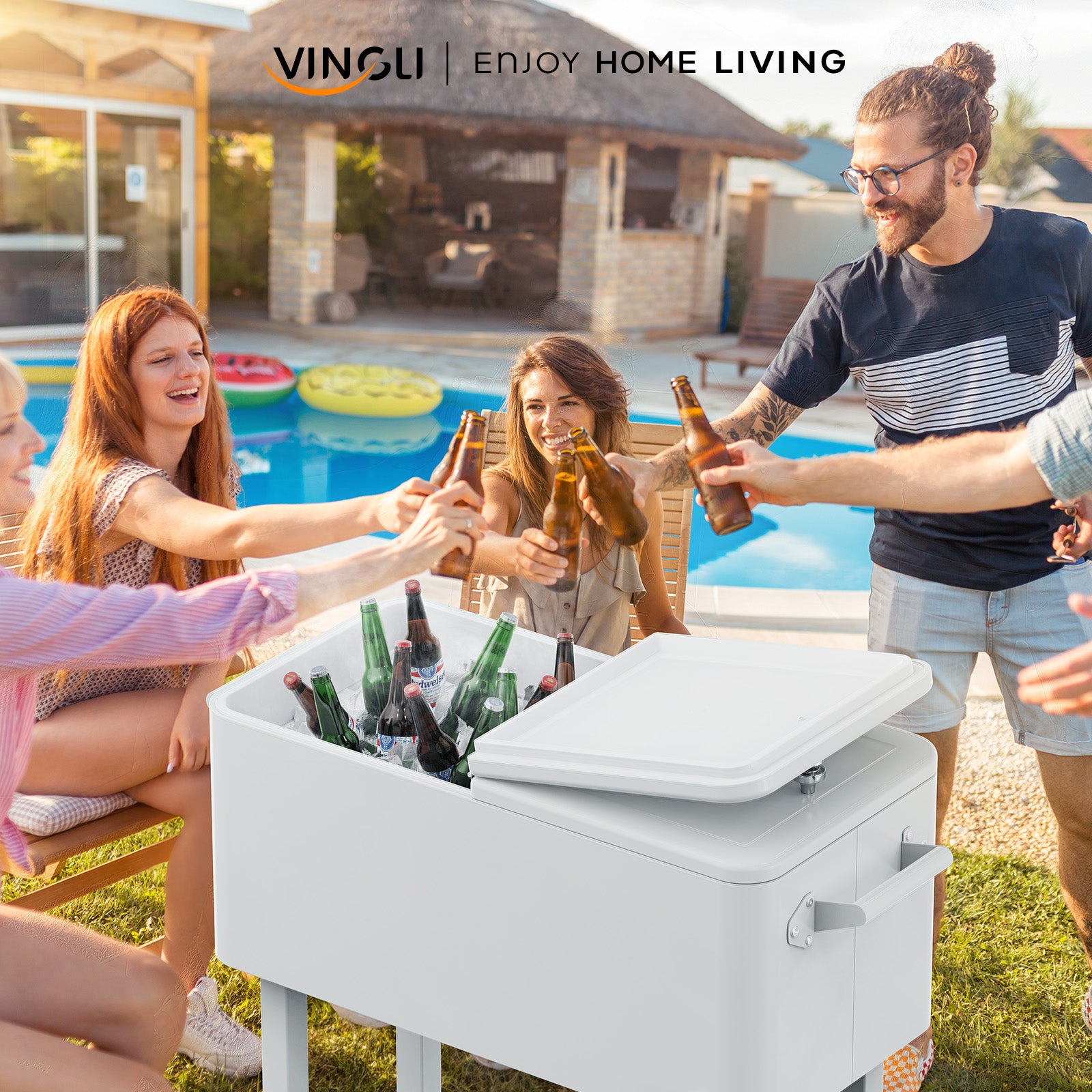 80 Quart Portable Outdoor Patio Rolling Cooler Cart White