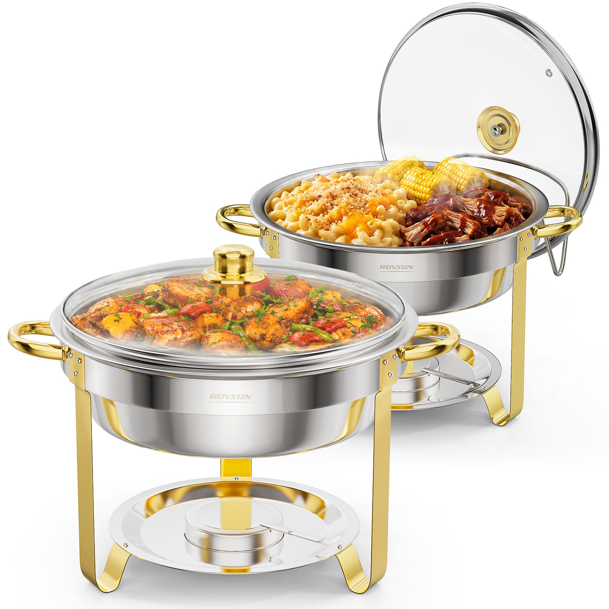 ROVSUN 5 QT Round Gold Chafing Dish Buffet Set with Glass Lid & Holder