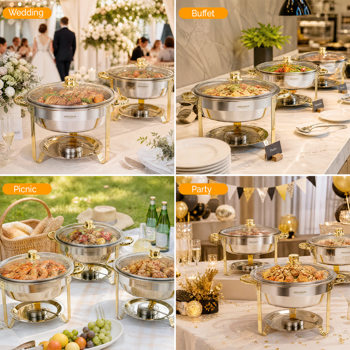 ROVSUN 5 QT Round Gold Chafing Dish Buffet Set with Glass Lid & Holder