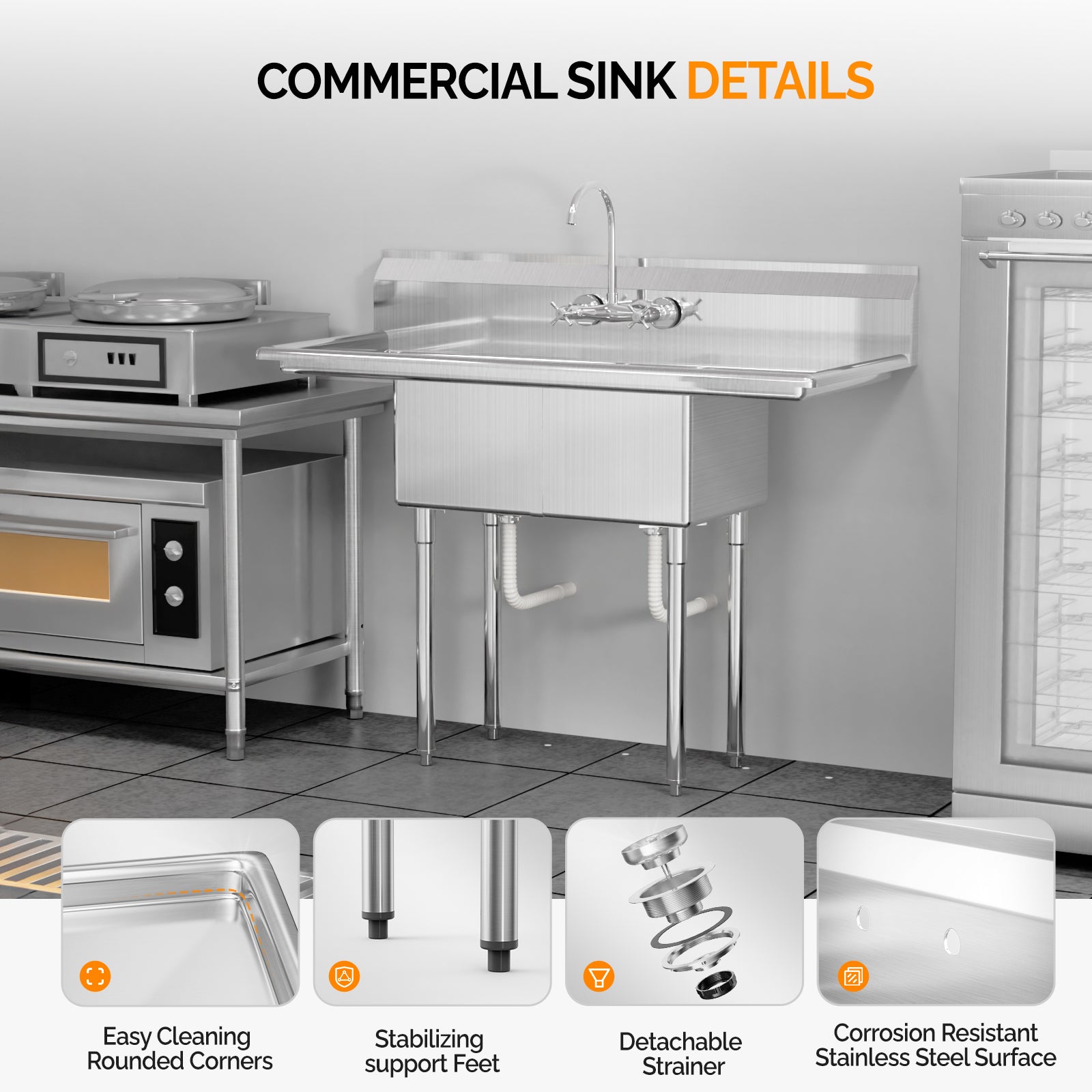 ROVSUN 51" x 20" 2 Compartment 304 Stainless Steel Sink with 2 Drainboards