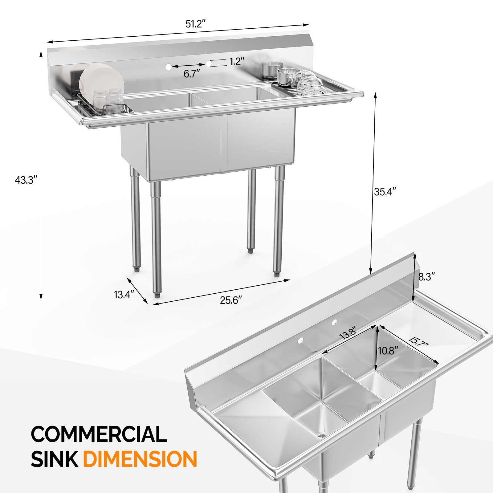 ROVSUN 51" x 20" 2 Compartment 304 Stainless Steel Sink with 2 Drainboards