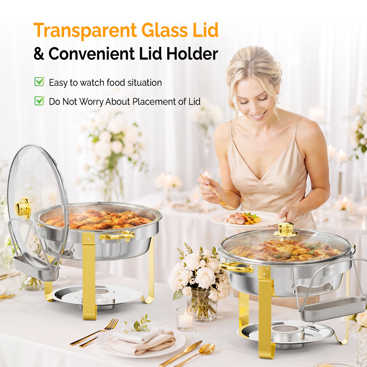 ROVSUN 5 QT Round Gold Chafing Dish Buffet Set with Glass Lid & Holder