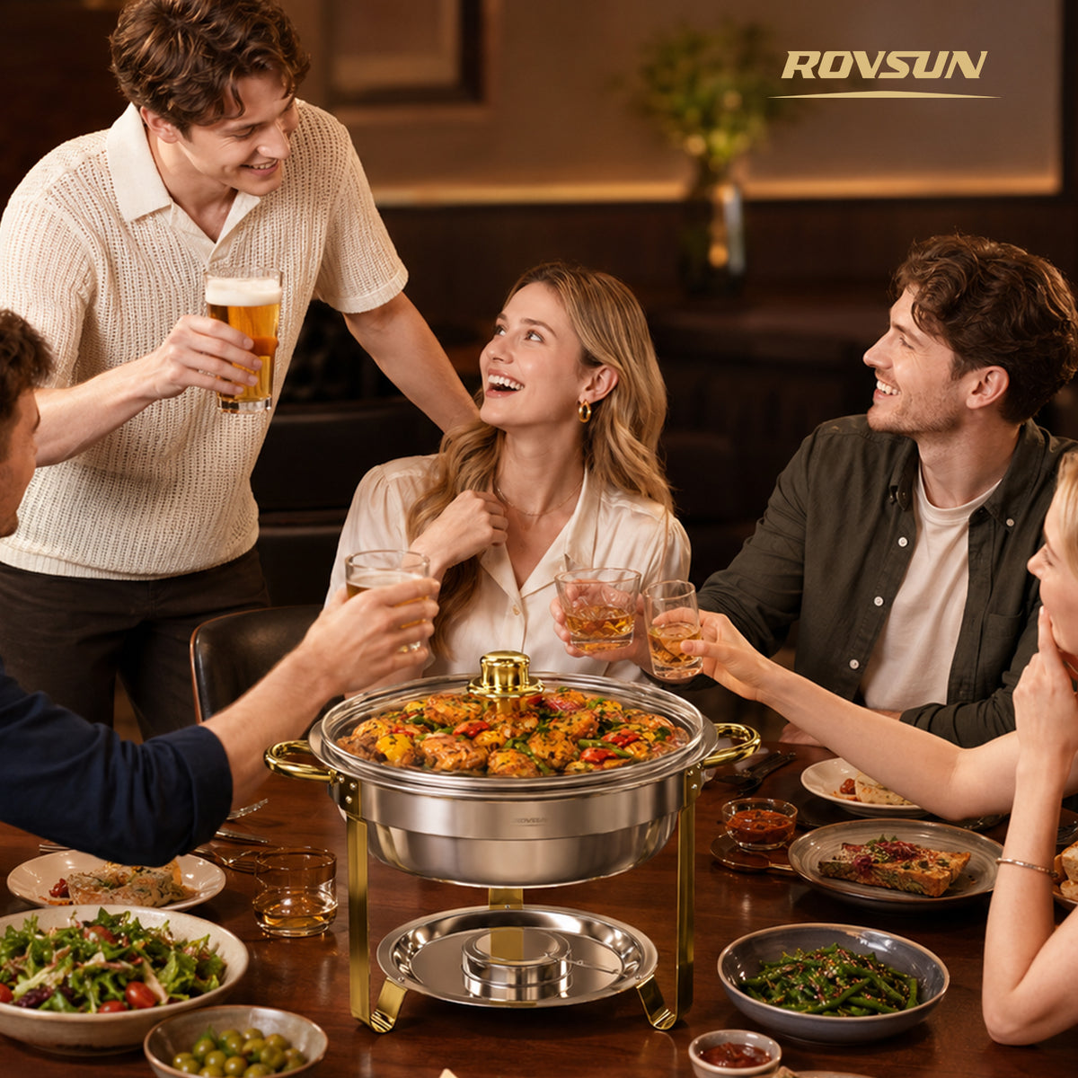 ROVSUN 5 QT Round Gold Chafing Dish Buffet Set with Glass Lid & Holder
