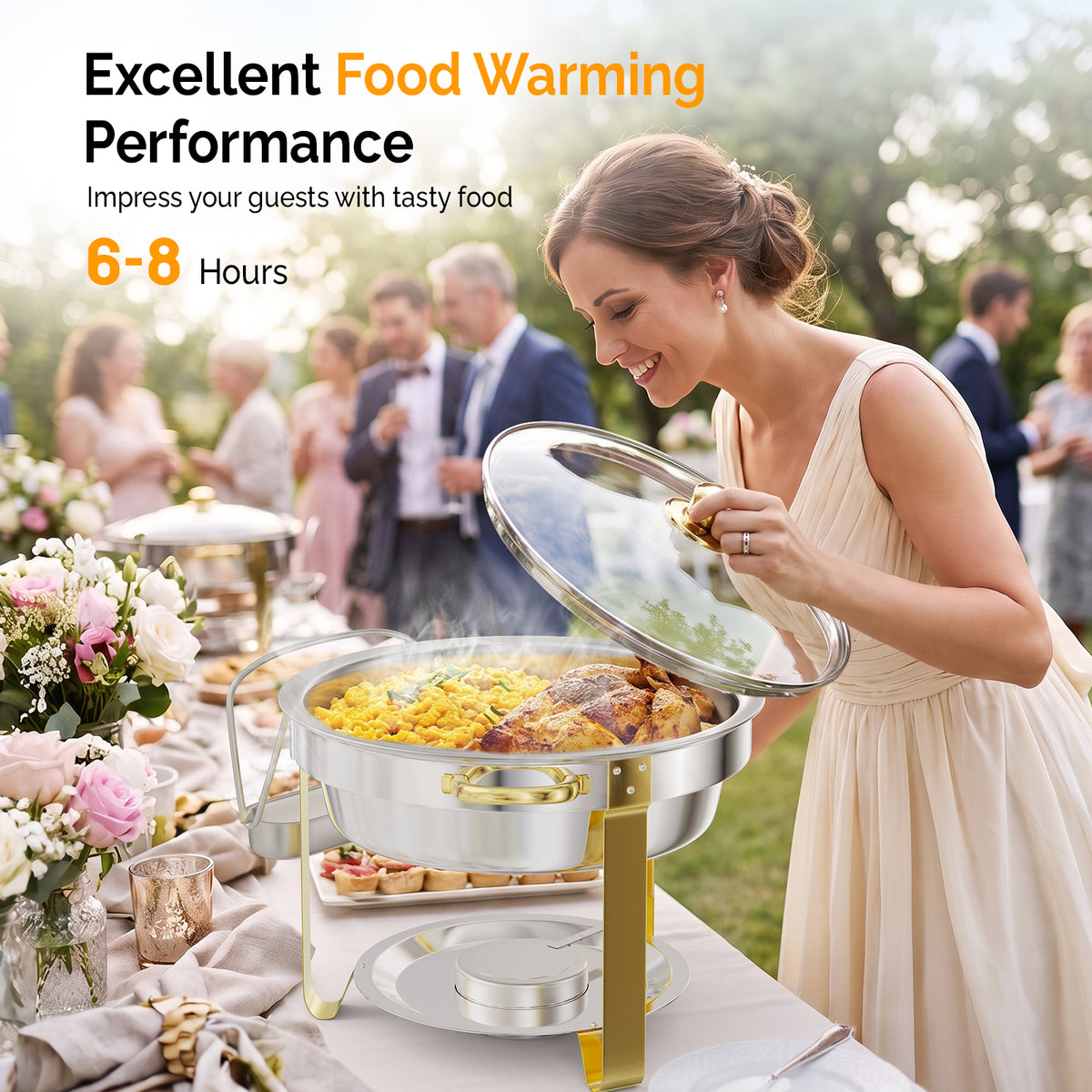 ROVSUN 5 QT Round Gold Chafing Dish Buffet Set with Glass Lid & Holder