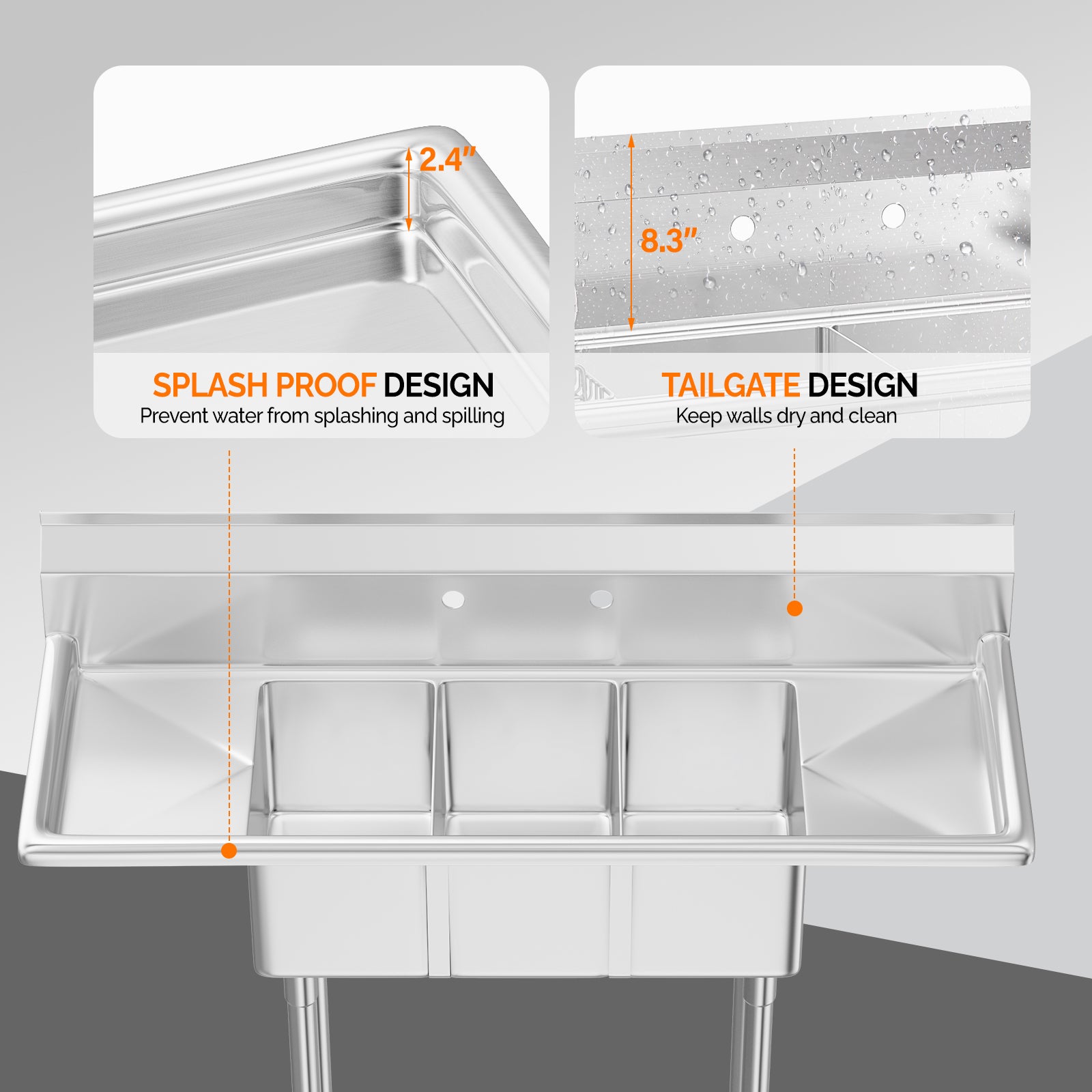 ROVSUN 54" x 20" 3 Compartment 304 Stainless Steel Sink with 2 Drainboards