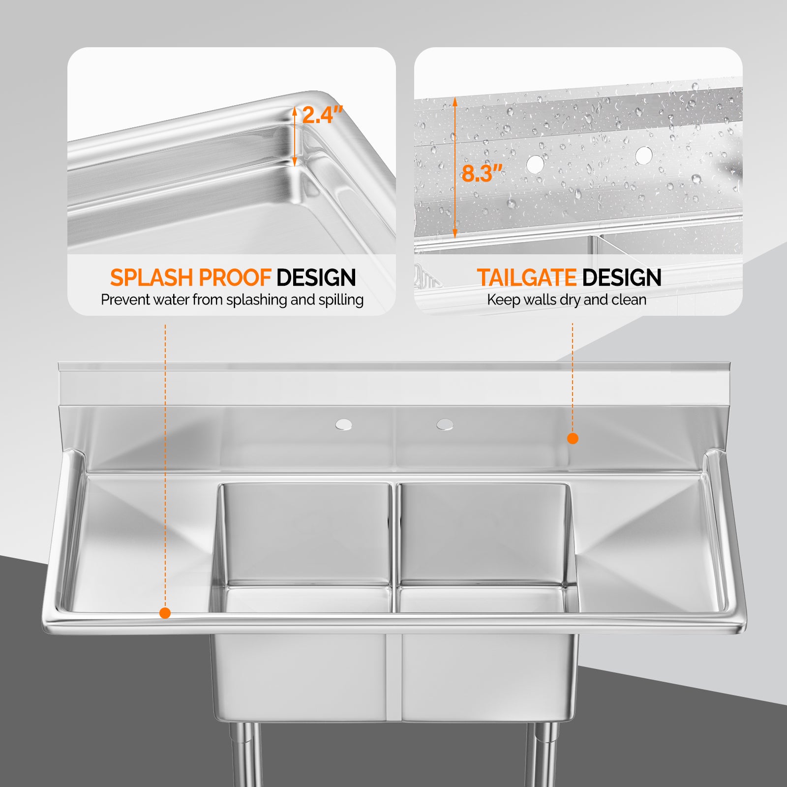 ROVSUN 51" x 20" 2 Compartment 304 Stainless Steel Sink with 2 Drainboards