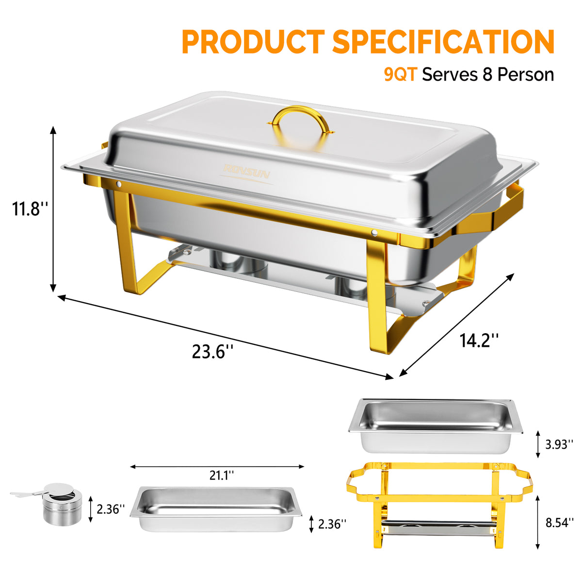 ROVSUN 9 QT Rectangular Gold Chafing Dish Buffet Set with Full-Size Pans