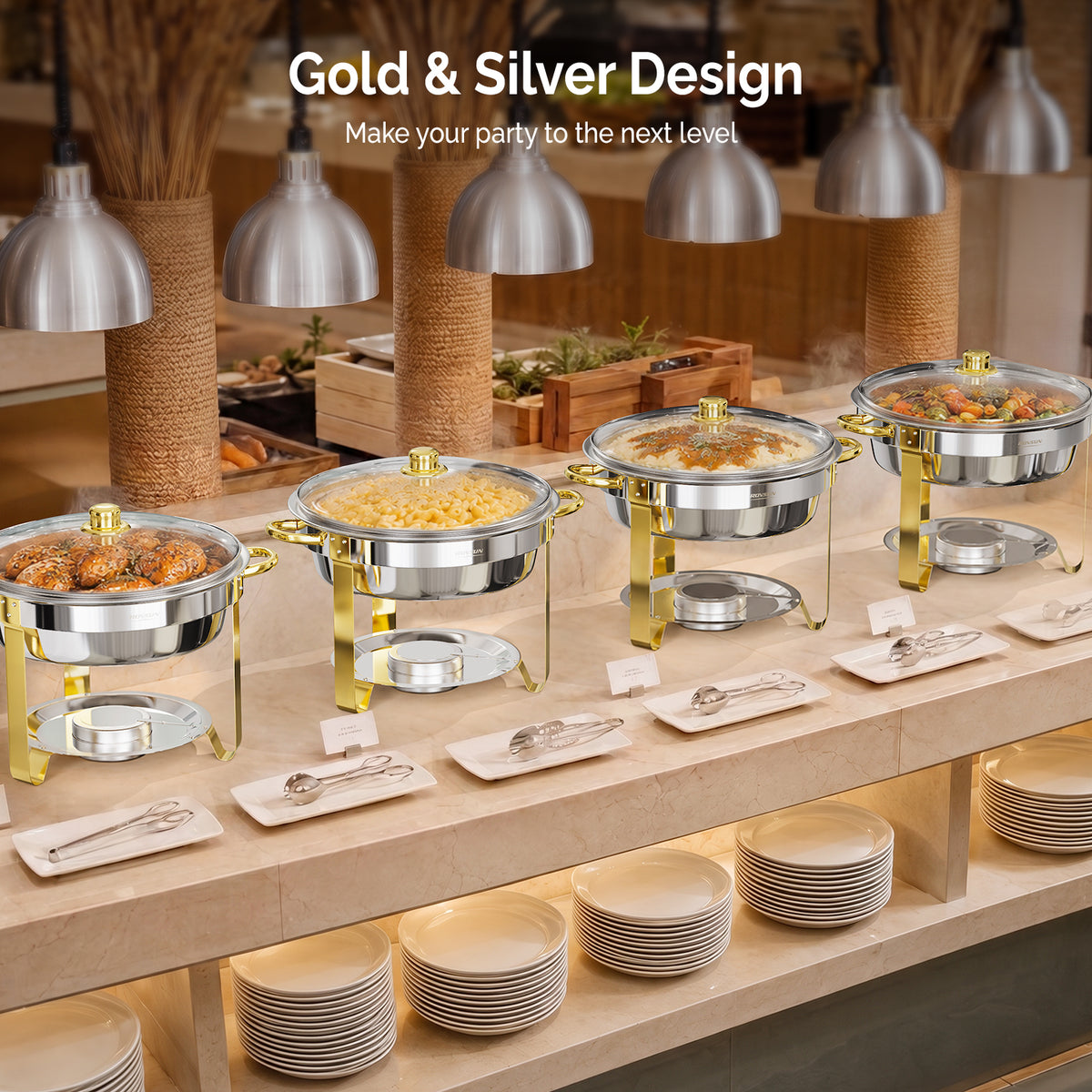 ROVSUN 5 QT Round Gold Chafing Dish Buffet Set with Glass Lid & Holder