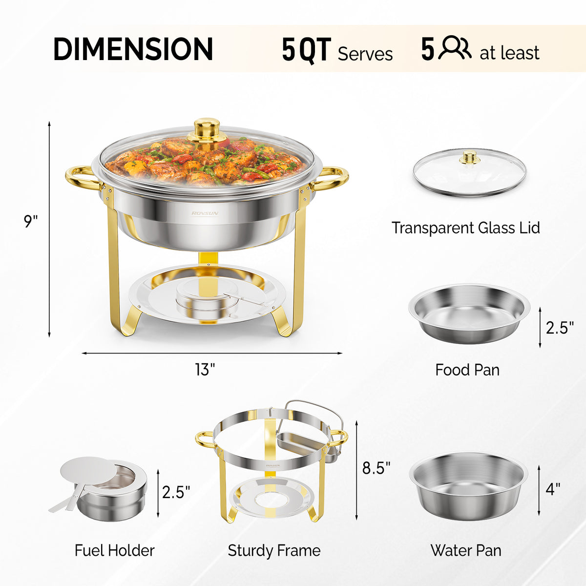 ROVSUN 5 QT Round Gold Chafing Dish Buffet Set with Glass Lid & Holder