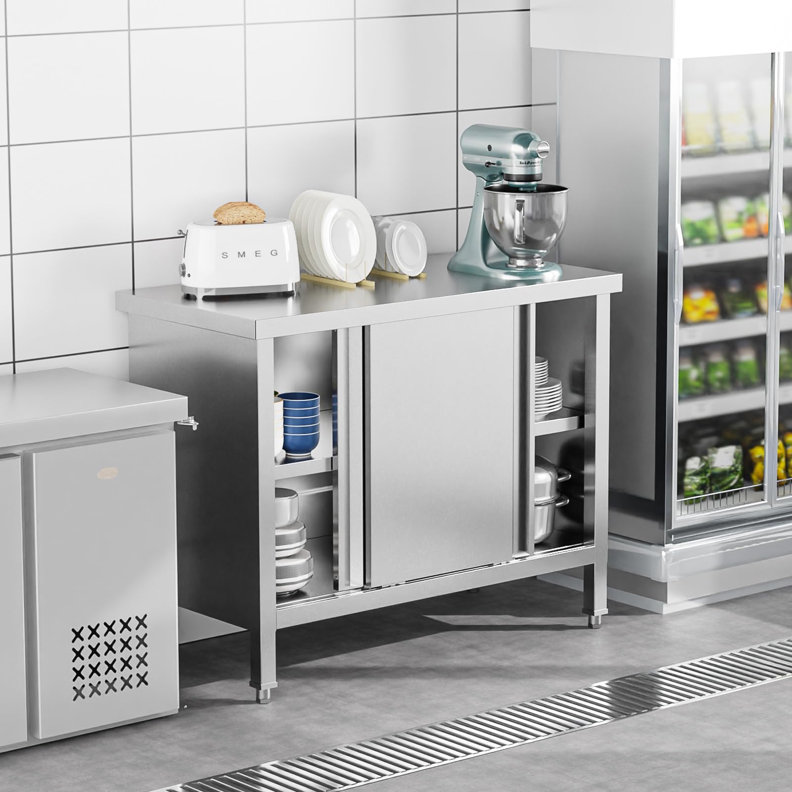 ROVSUN 39" x 19" Stainless Steel Table with Cabinet