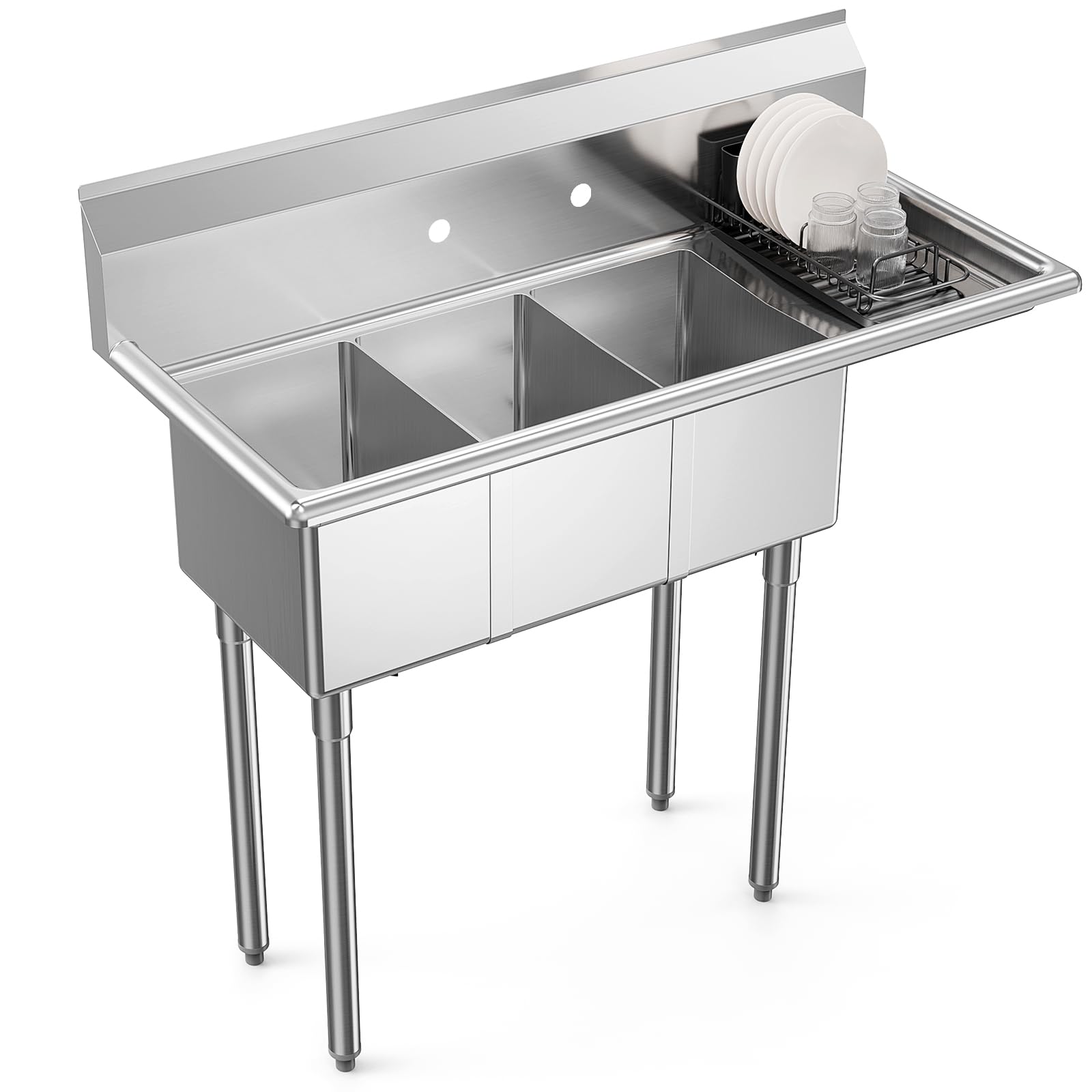 ROVSUN 44" x 20" 3 Compartment 304 Stainless Steel Sink with Right Side Drainboard