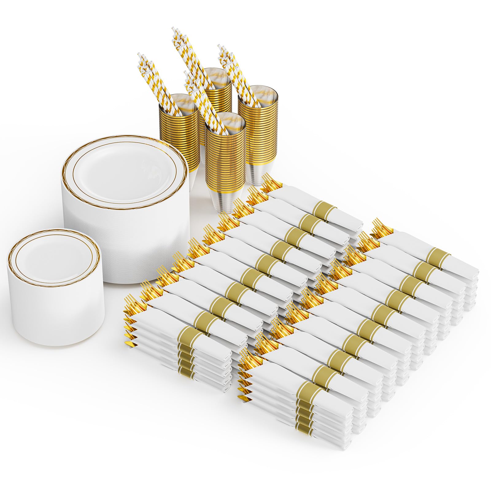 ROVSUN 800 Pieces Pre Rolled Napkins Disposable Plastic Dinnerware Set Gold