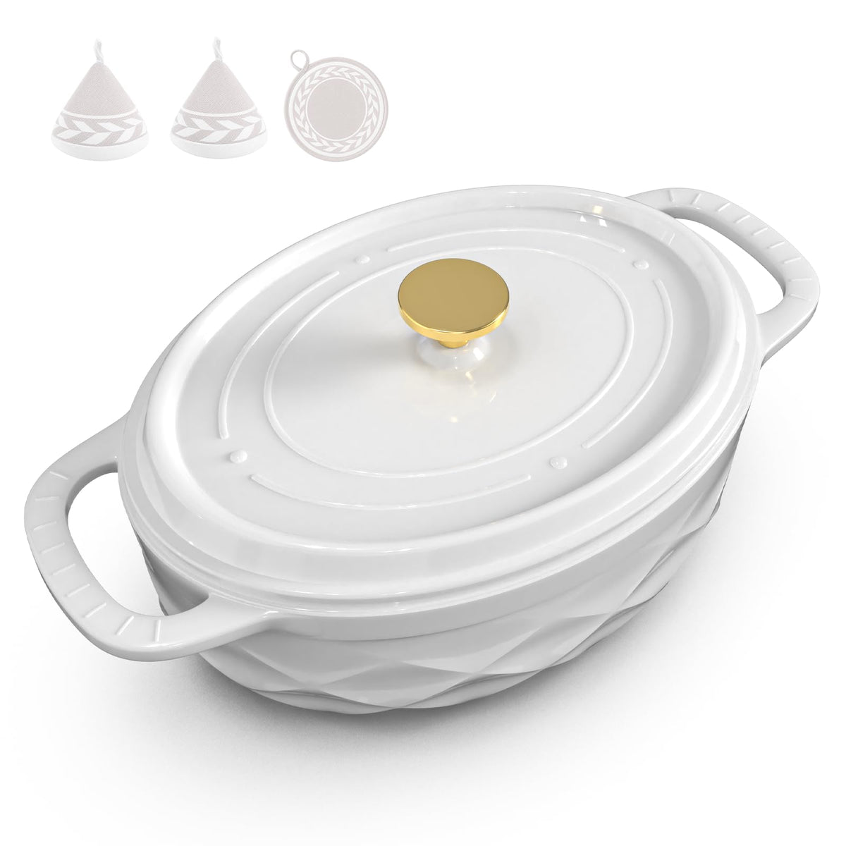 ROVSUN 7.5 QT Oval Enameled Cast Iron Dutch Oven Pot White