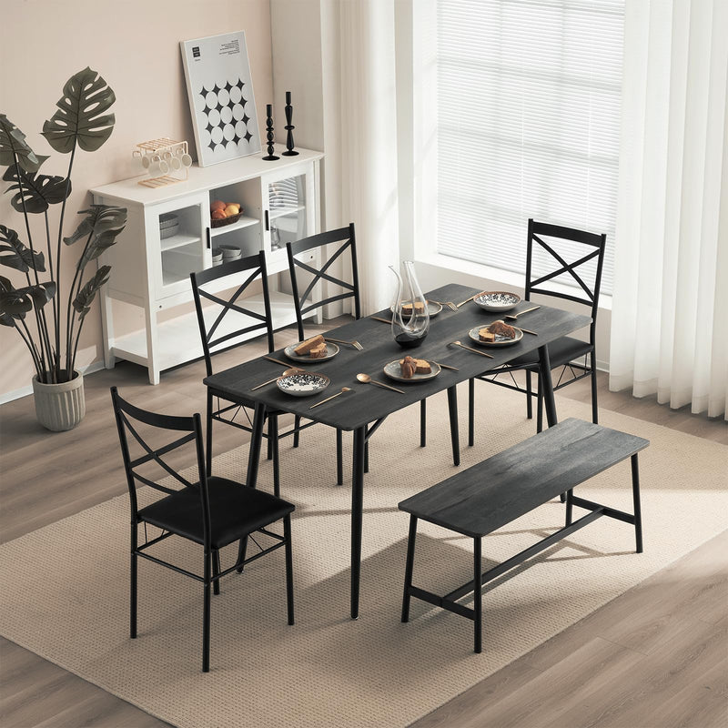 6 Piece Dining Set Wooden Table and 4 Upholstered Chairs & Bench Dark Grey