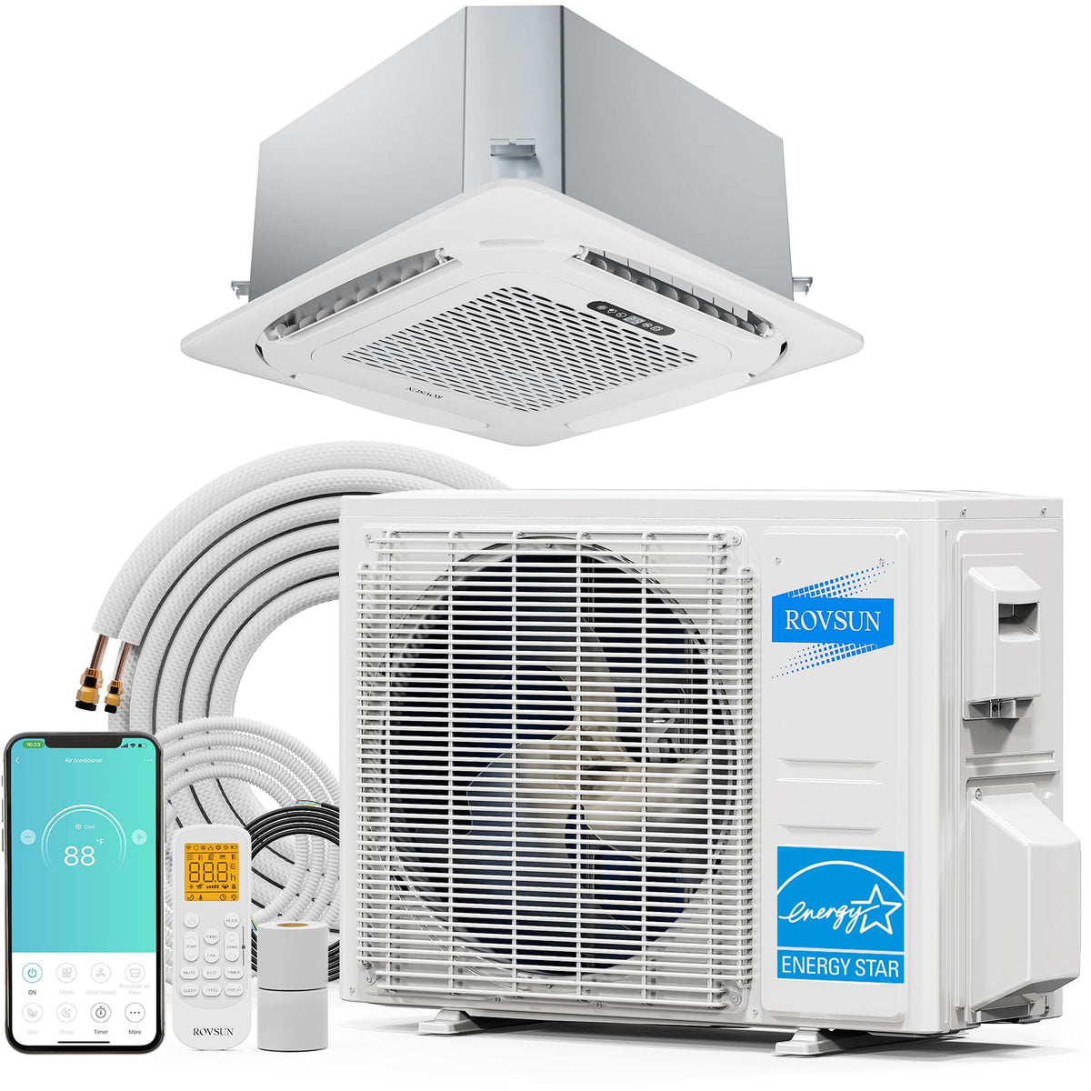 ROVSUN 12000 BTU 21 SEER2 230V Ceiling Cassette Mini Split AC with Heat Pump & Install Kit