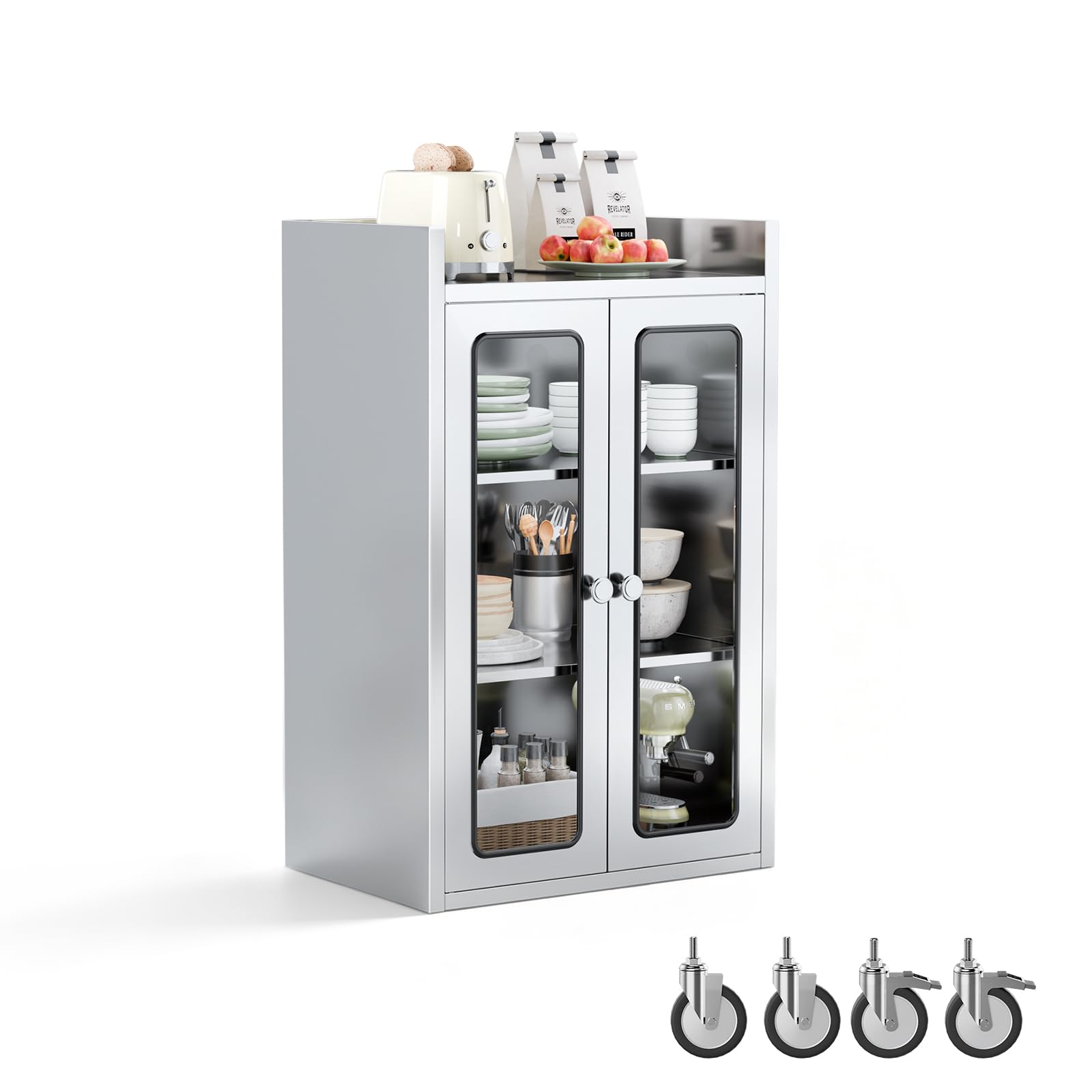 ROVSUN 24" x 16" Stainless Steel Table with Cabinet & Wheels