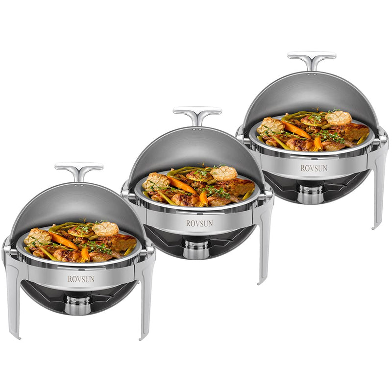 ROVSUN 6 QT Round Roll Top Stainless Steel Chafing Dish Buffet Set with Food Pan & Fuel Holders 1/2/3 Packs
