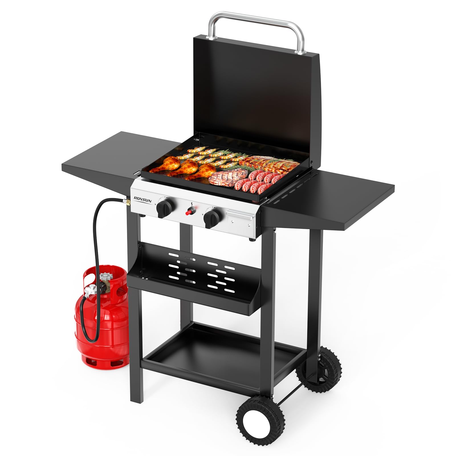 ROVSUN 2 Burner 20,000 BTU Portable Propane Rolling Flat Top Gas Grill with Stand & Lid