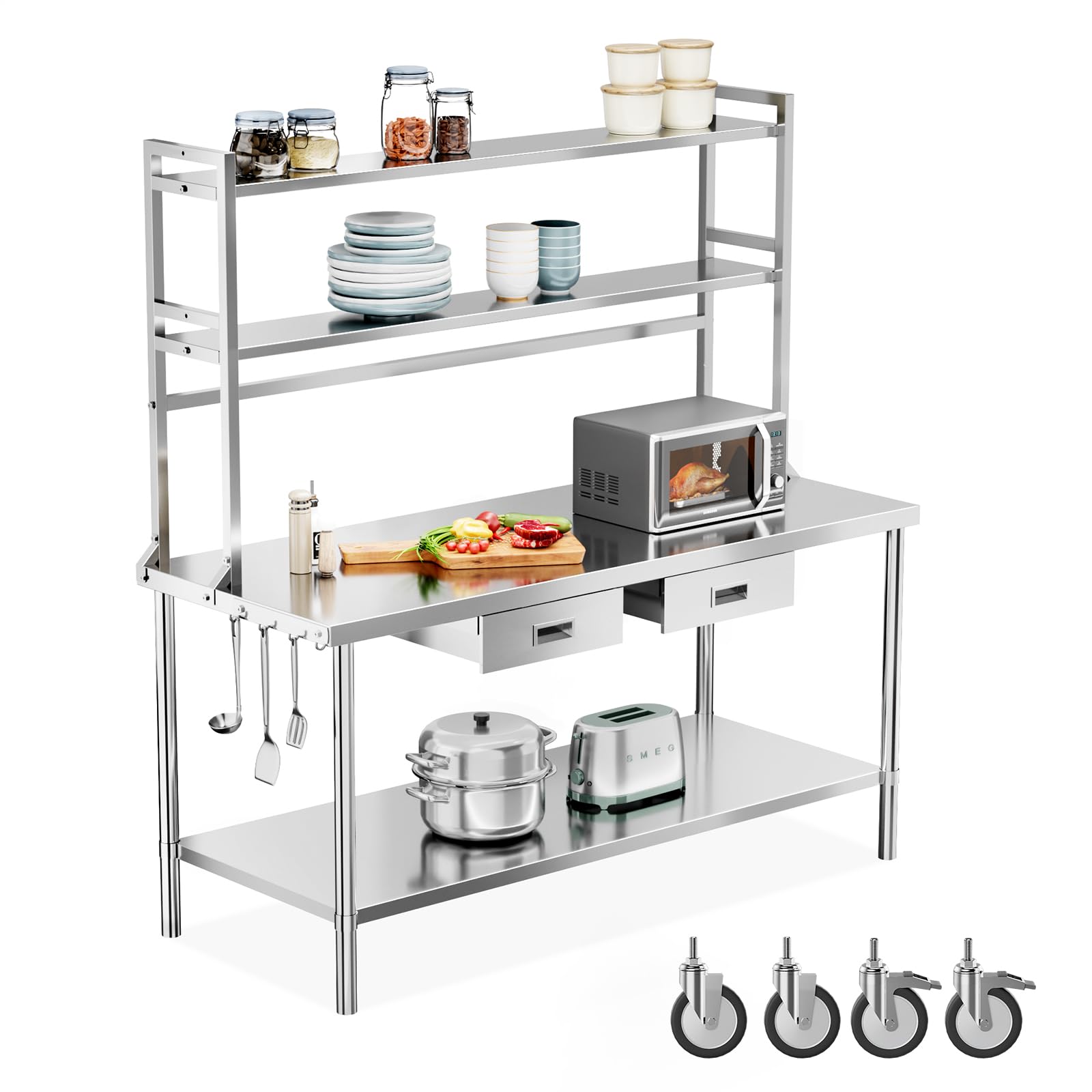 ROVSUN 48" X 24" Stainless Steel Table with Wheels & Drawers
