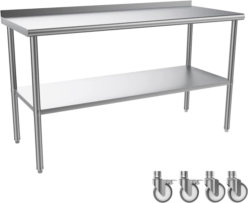 ROVSUN 60 x 24 Inches Kitchen Stainless Steel Table Heavy Duty Prep Work Table with Caster & Backsplash & Undershelf