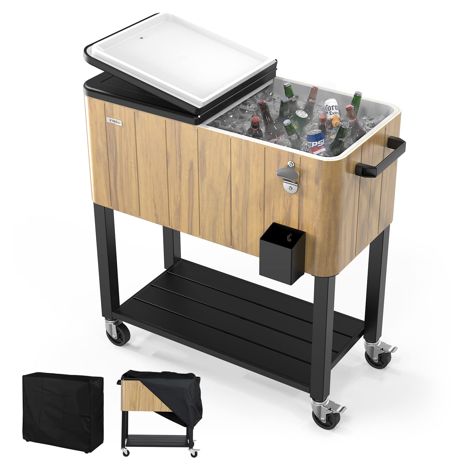 80 Quart Portable Outdoor Patio Rolling Cooler Cart Brown