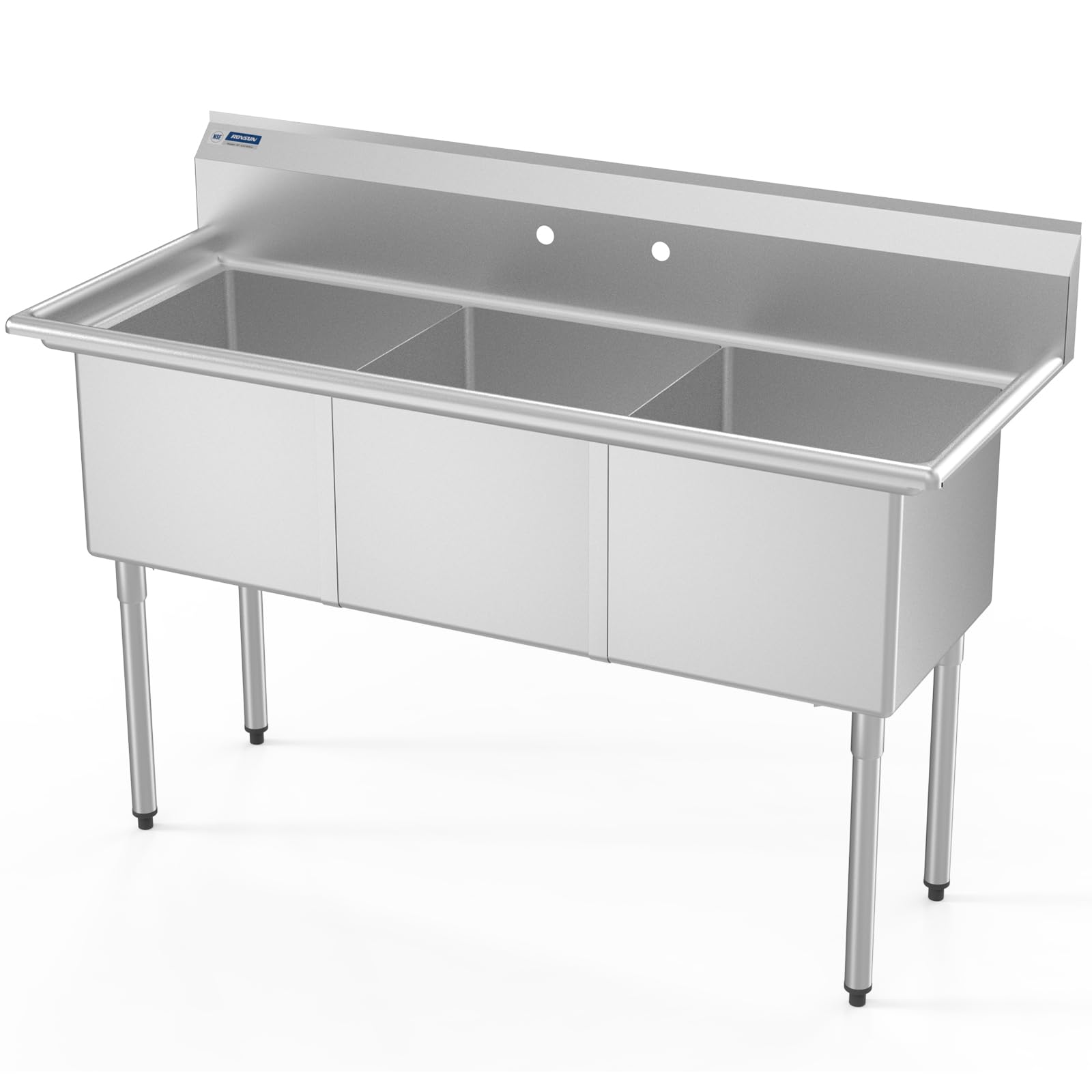 ROVSUN 60" x 24" 3 Compartment 304 Stainless Steel Sink with Backsplash