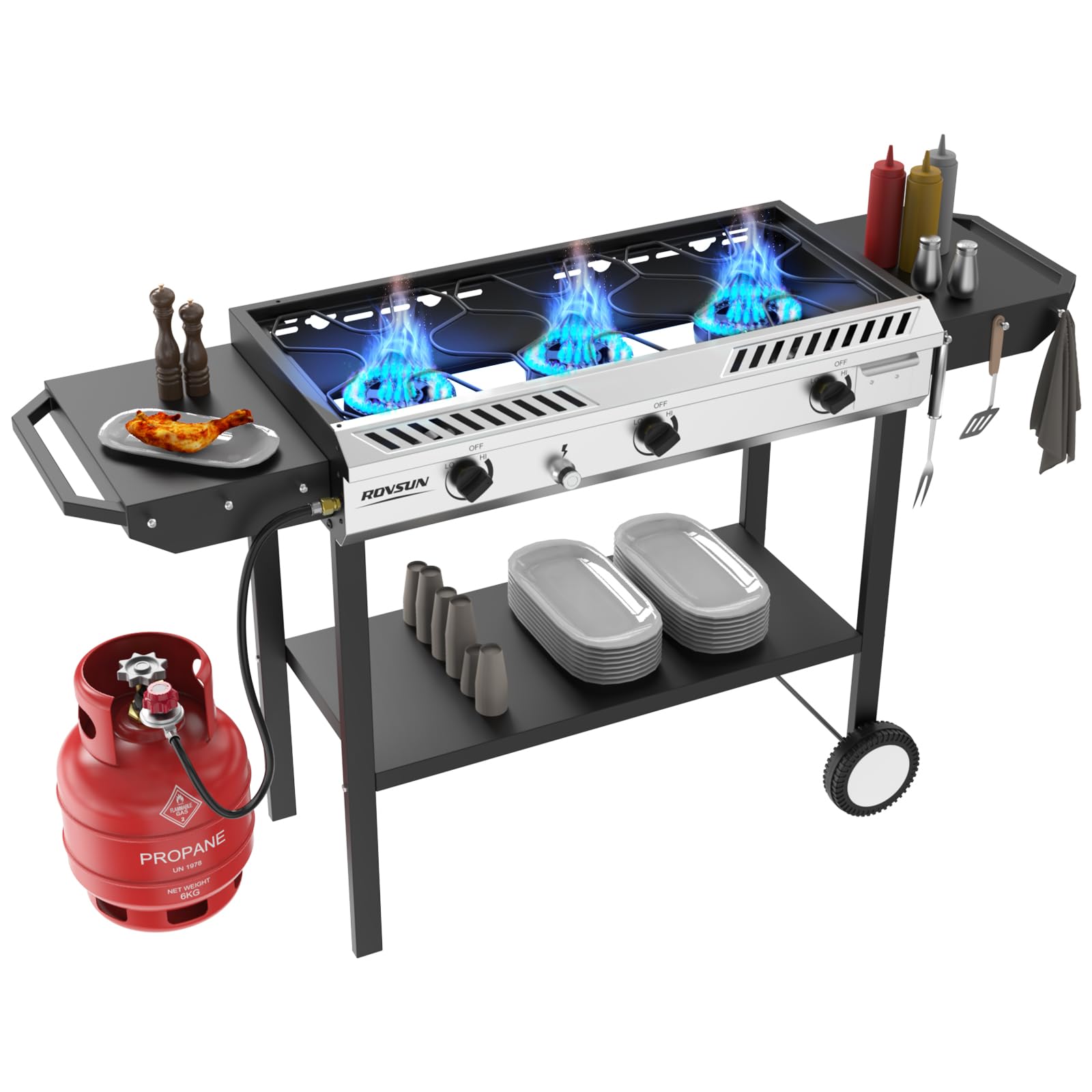 ROVSUN 3 Burner 225,000 BTU Outdoor Gas Propane Stove with Side Shelves & Wheels