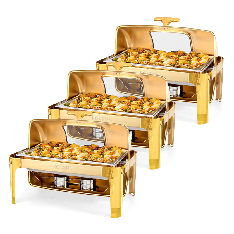 ROVSUN 9 QT Rectangle Roll Top Chafing Dish Buffet Set with Full Size Pan & Glass Window Gold 1/2/3 Packs