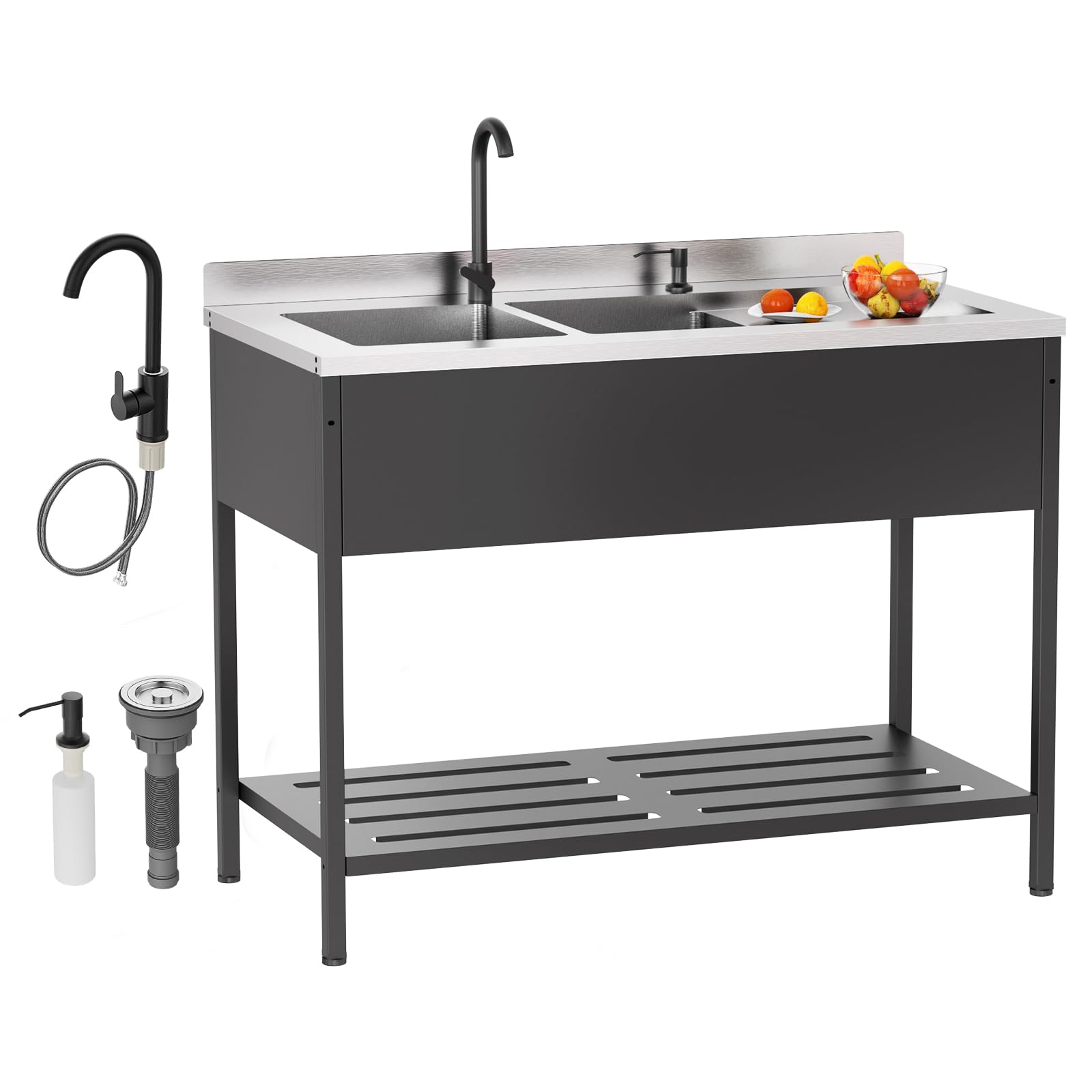 ROVSUN 48" x 24" Stainless Steel Double Bowl Utility Sink with Faucet