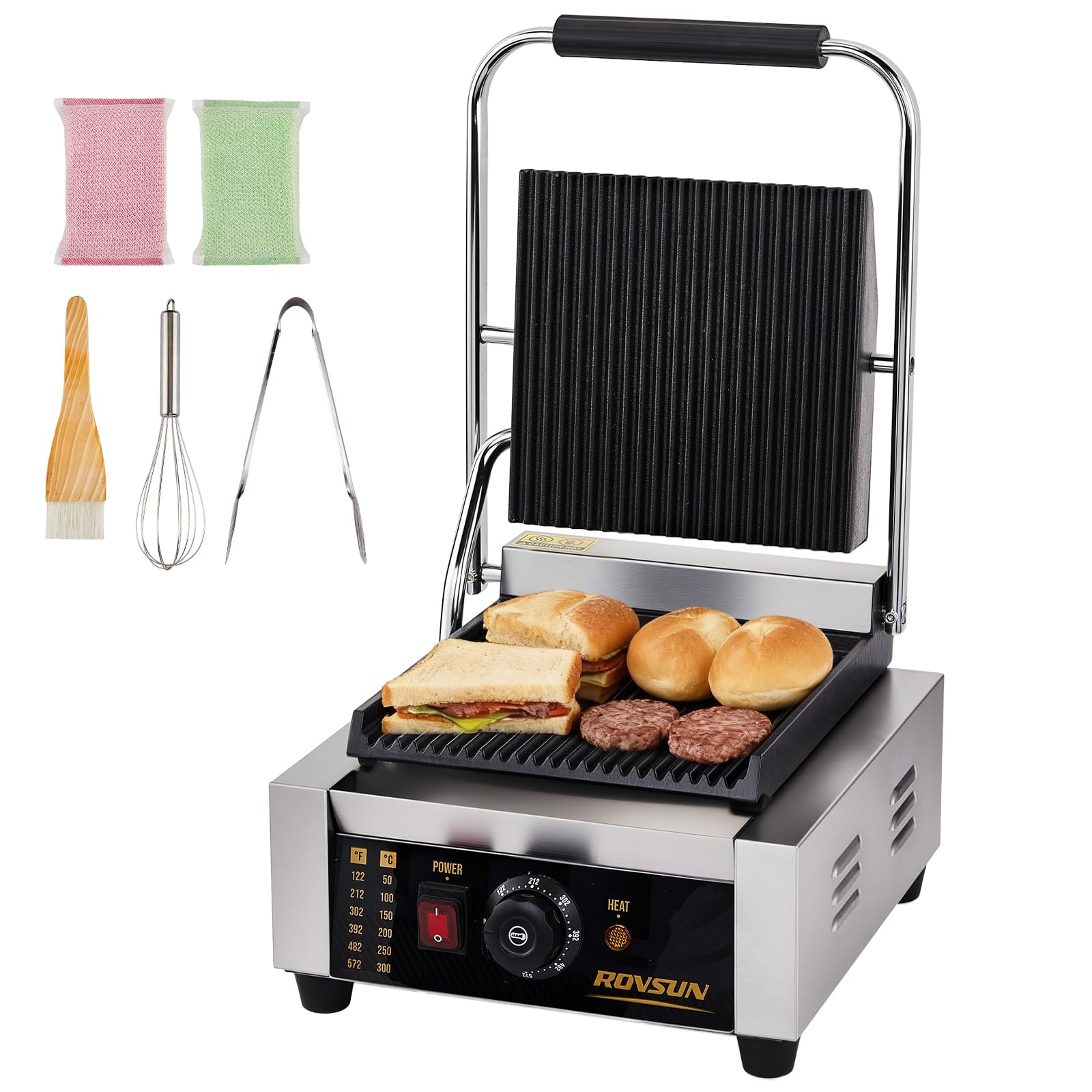 ROVSUN 12" 1800W 110V Commercial Panini Press Grill with Adjustable Temp