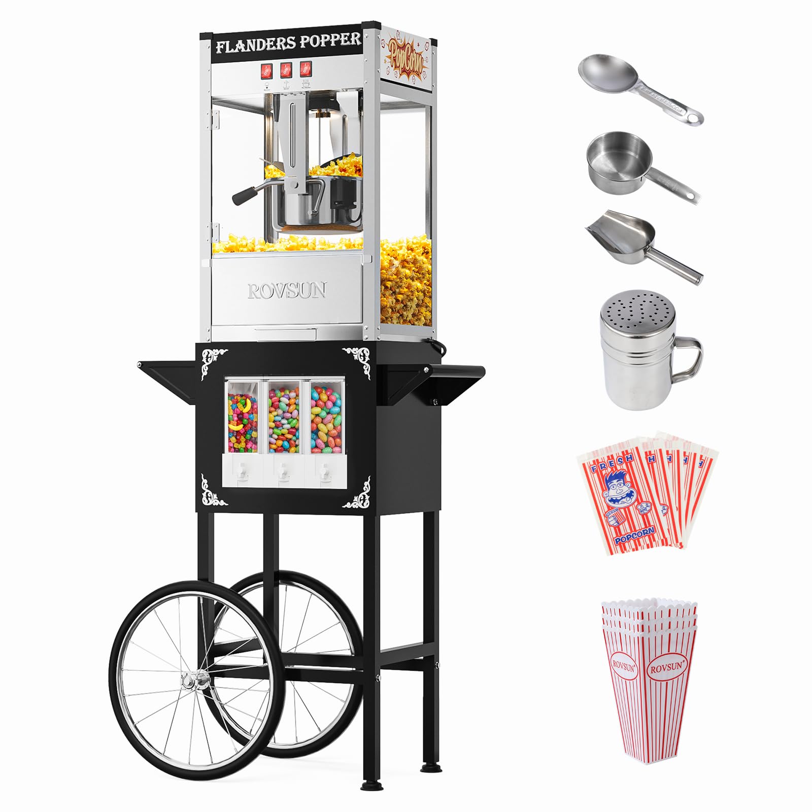 ROVSUN 10 oz Kettle 800W 120V Popcorn Machine Cart with Candy Dispenser Black
