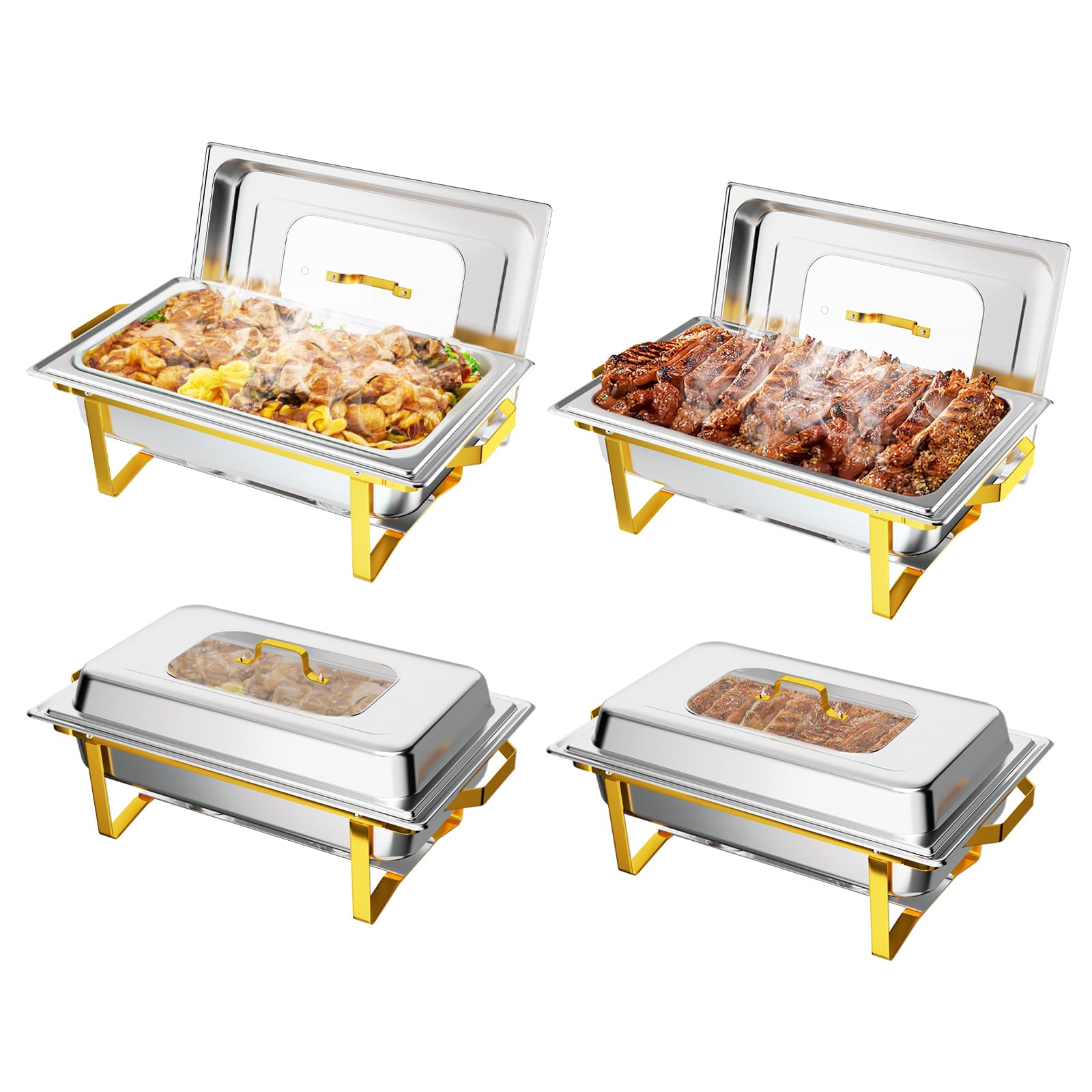 ROVSUN 9 QT Rectangle Gold Chafing Dish Set with Glass Lid & Full Size Pans