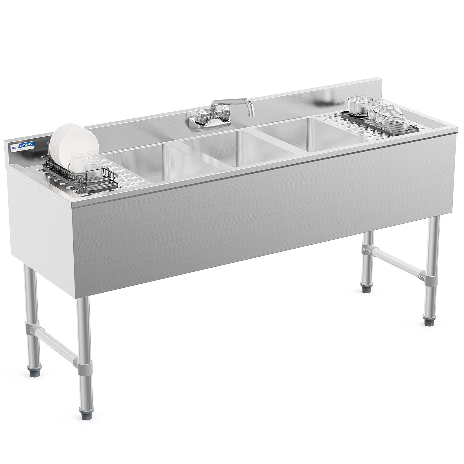 ROVSUN 60" x 18" 3 Bowl Underbar Sink with Faucet & 2 Drainboards