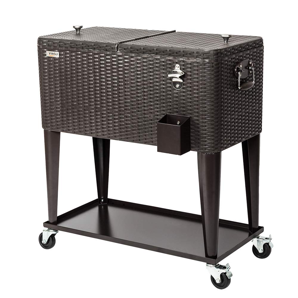 80 Quart Portable Outdoor Patio Rolling Cooler Cart Black Brown