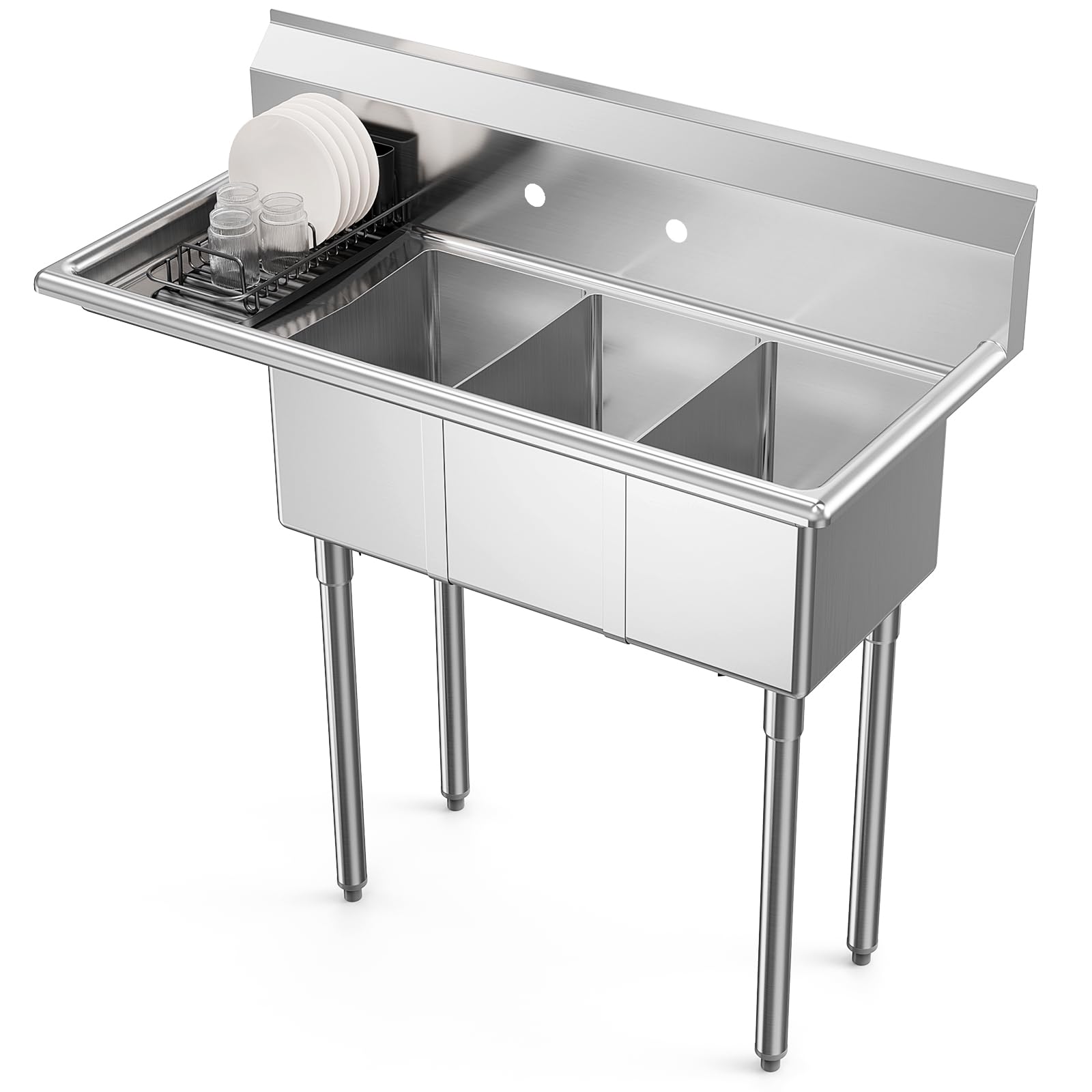 ROVSUN 44" x 20" 3 Compartment 304 Stainless Steel Sink with Left Side Drainboard