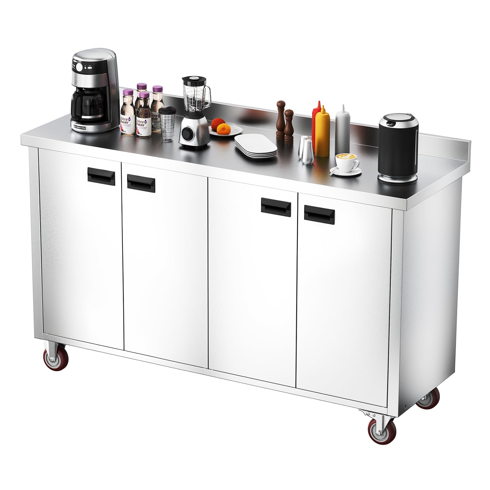 ROVSUN 59" x 19" Stainless Steel Table with Cabinet & Wheels