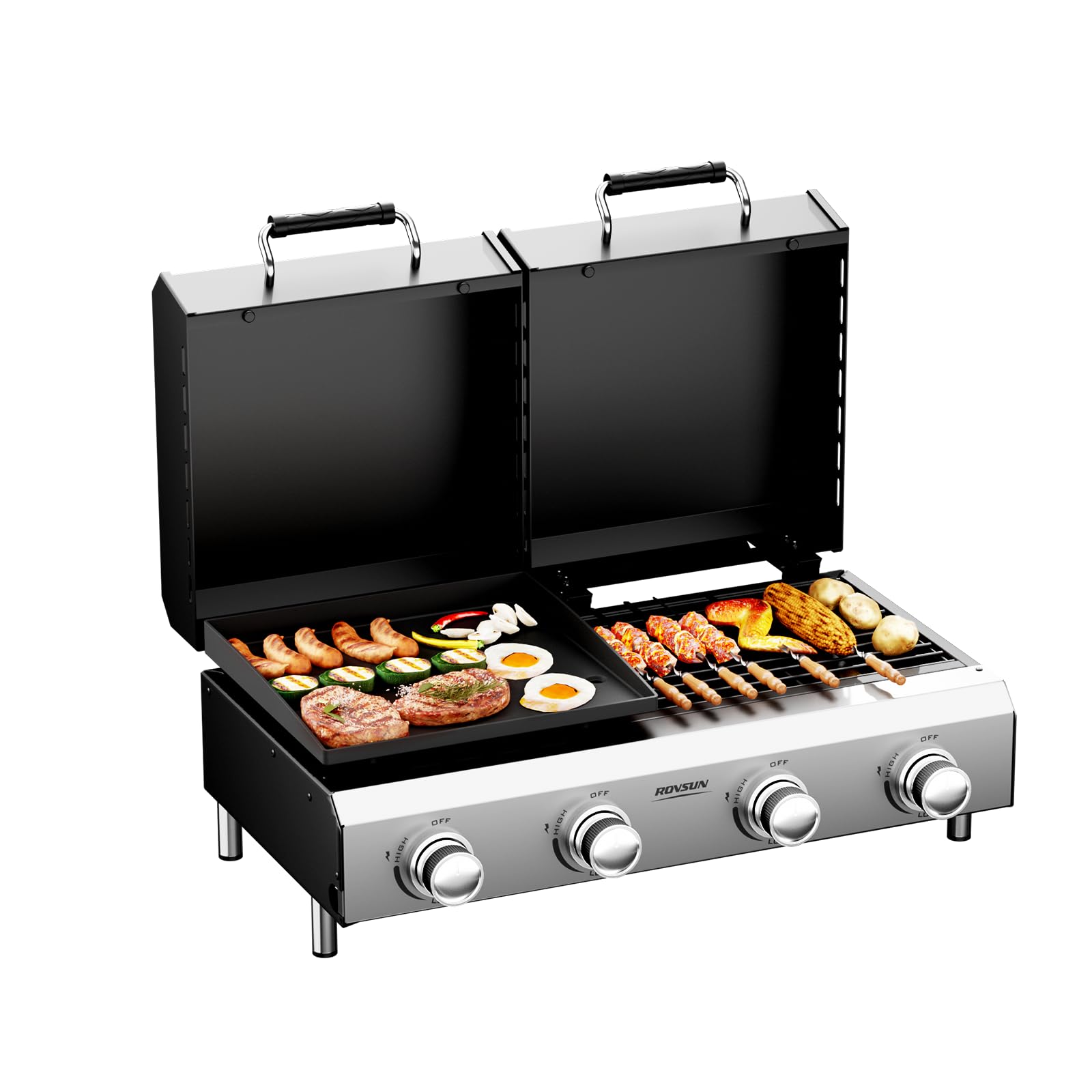 ROVSUN 4 Burner 2-in-1 Propane Grill and Griddle Combo Tabletop with Lid