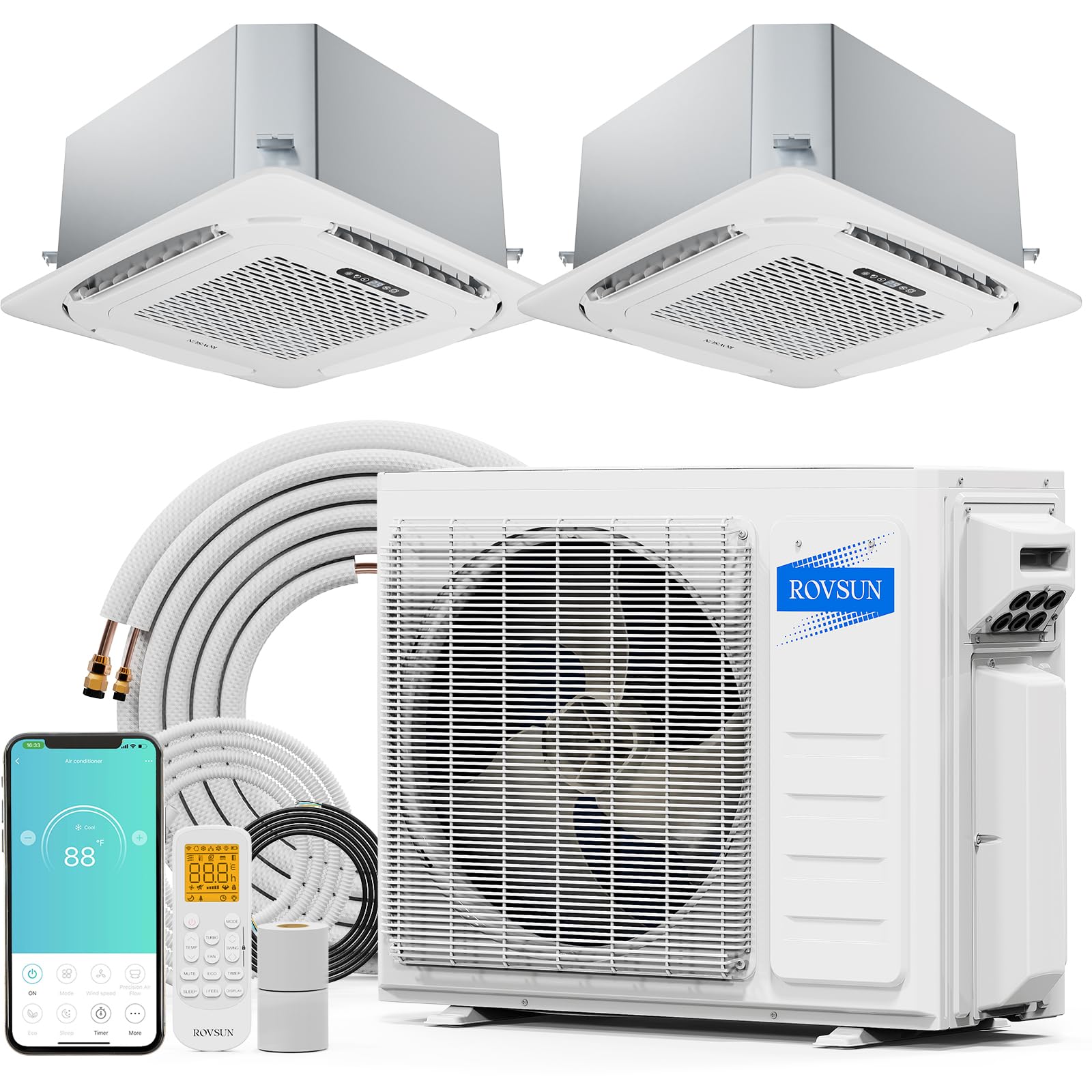 ROVSUN 2 Zone 12,000 + 12,000 / 20,000 BTU Ceiling Cassette Mini Split Ductless 20 SEER2 230V with Heat Pump & 25Ft Install Kit