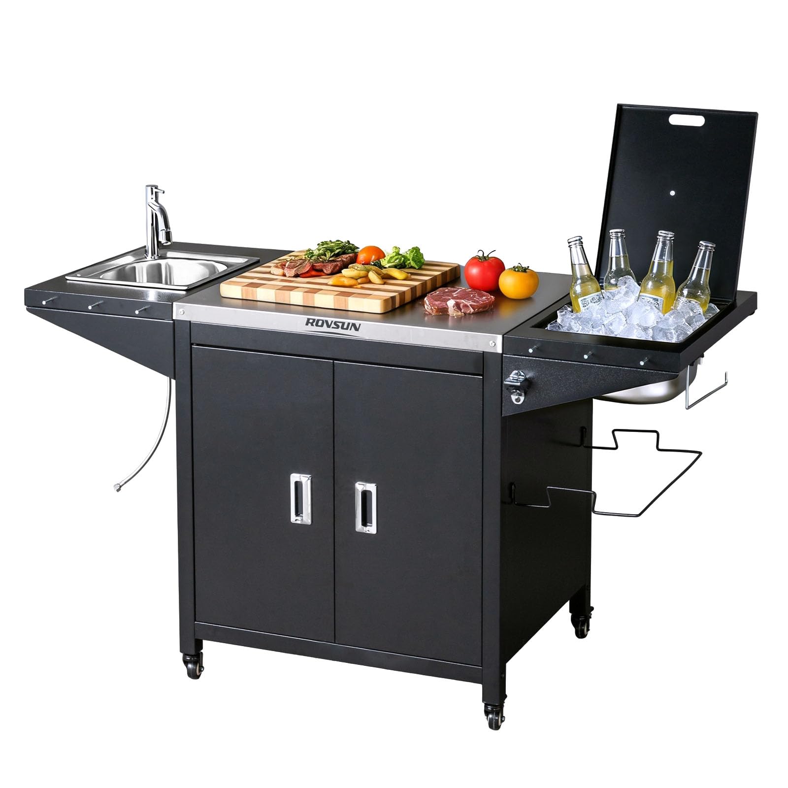 ROVSUN 61" Outdoor Grill Cart with Sink & Cold Drink Refrigerated Area
