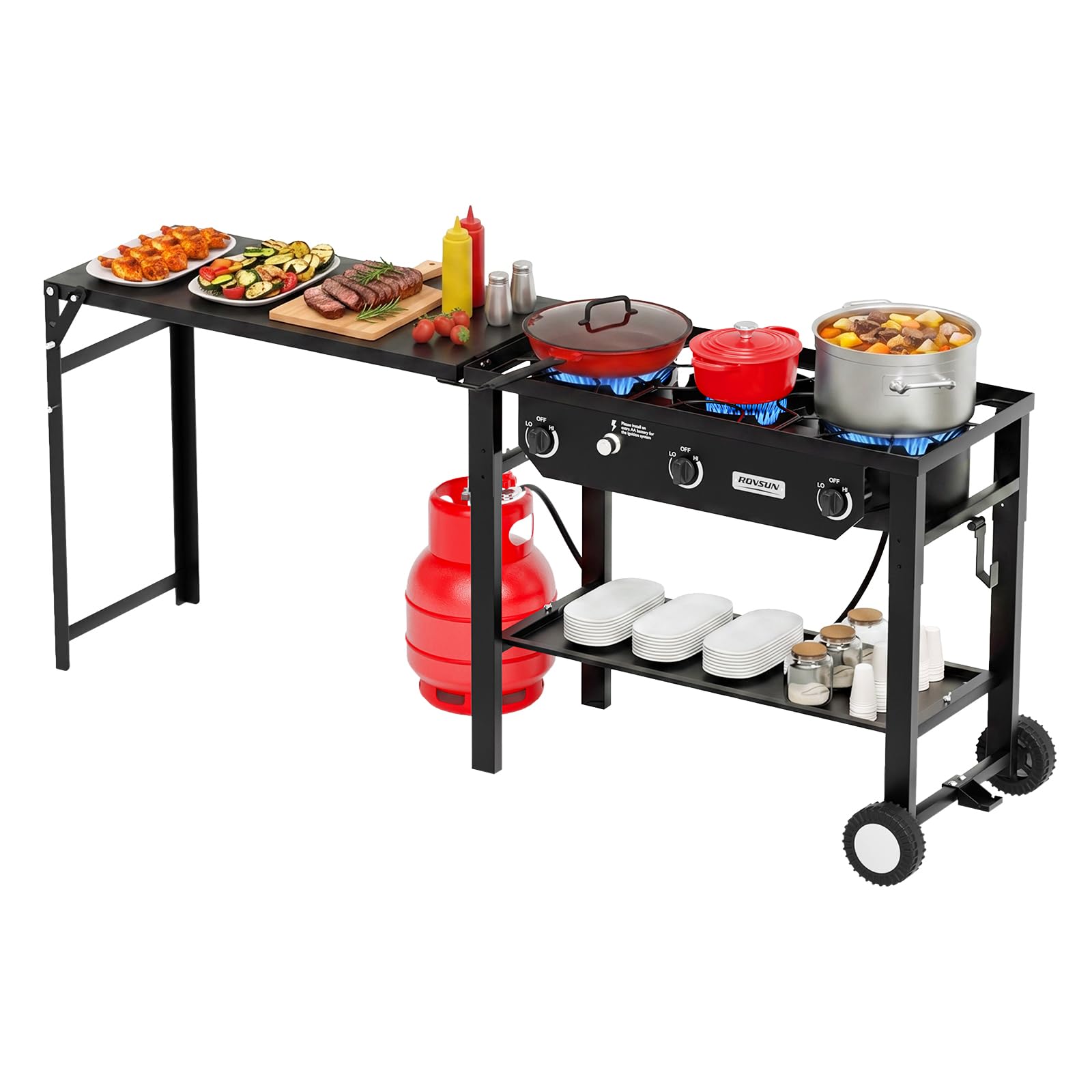ROVSUN 3-Burner 225000 BTU Outdoor Camping Propane Stove with Foldable Work Station
