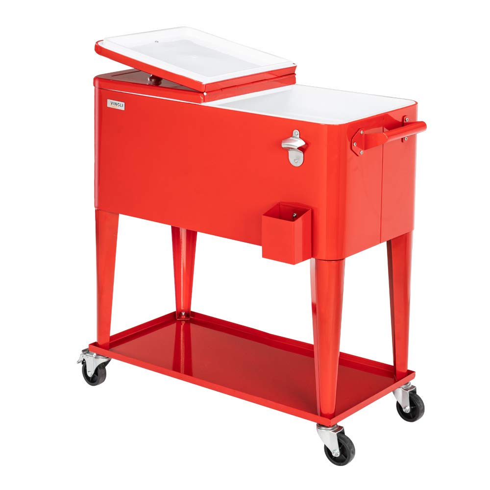 80 Quart Portable Outdoor Patio Rolling Cooler Cart Red