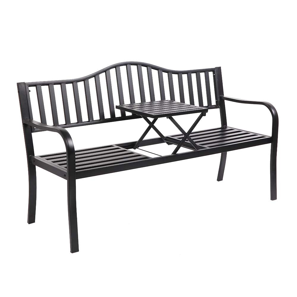 59" Outdoor Bench Metal with Built in Table