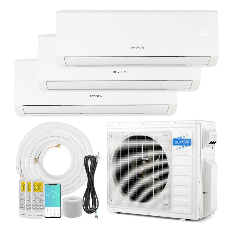 ROVSUN 3 Zone 9000 + 9000 + 12000 / 27000 BTU Wifi Mini Split Air Conditioner Ductless 19 SEER2 230V with Heat Pump & 25Ft Install Kit