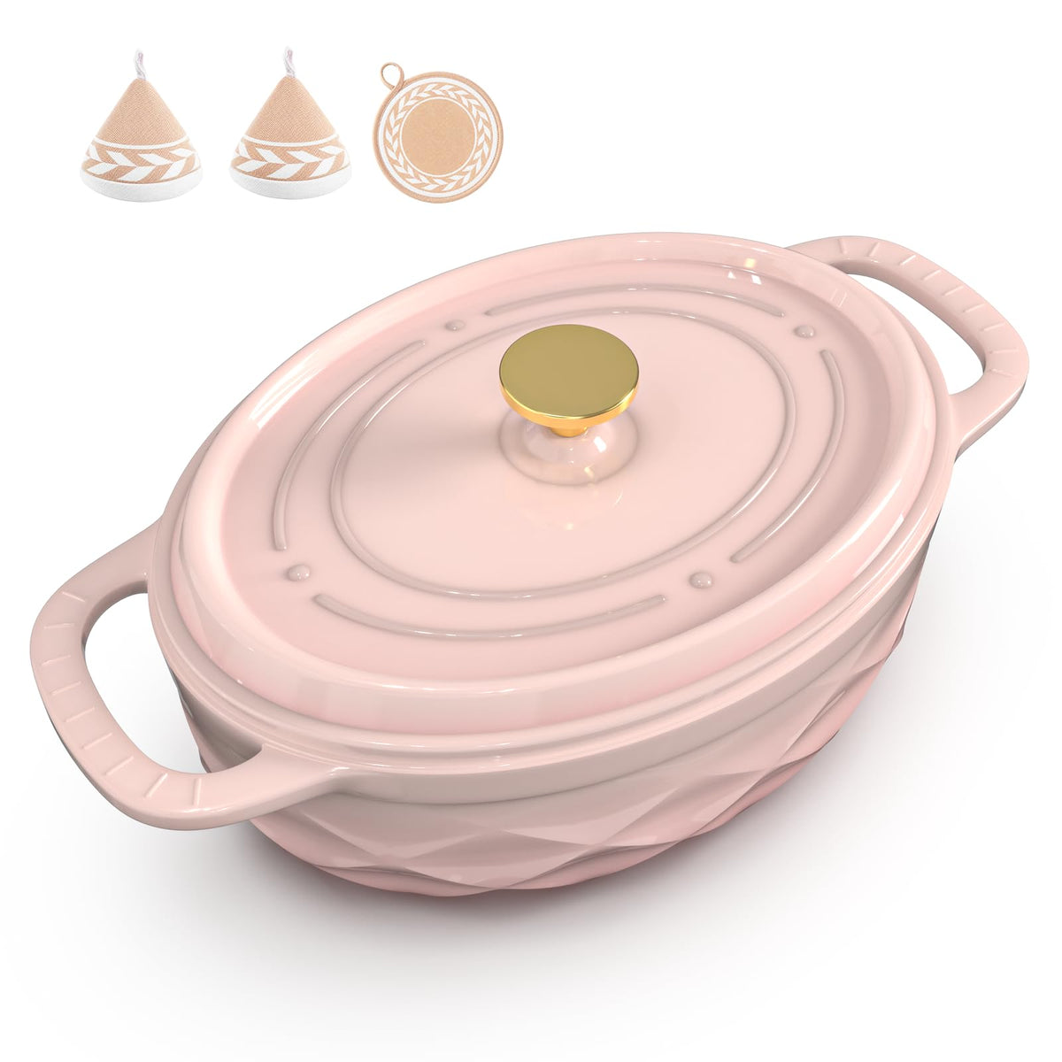 ROVSUN 7.5 QT Oval Enameled Cast Iron Dutch Oven Pot Pink