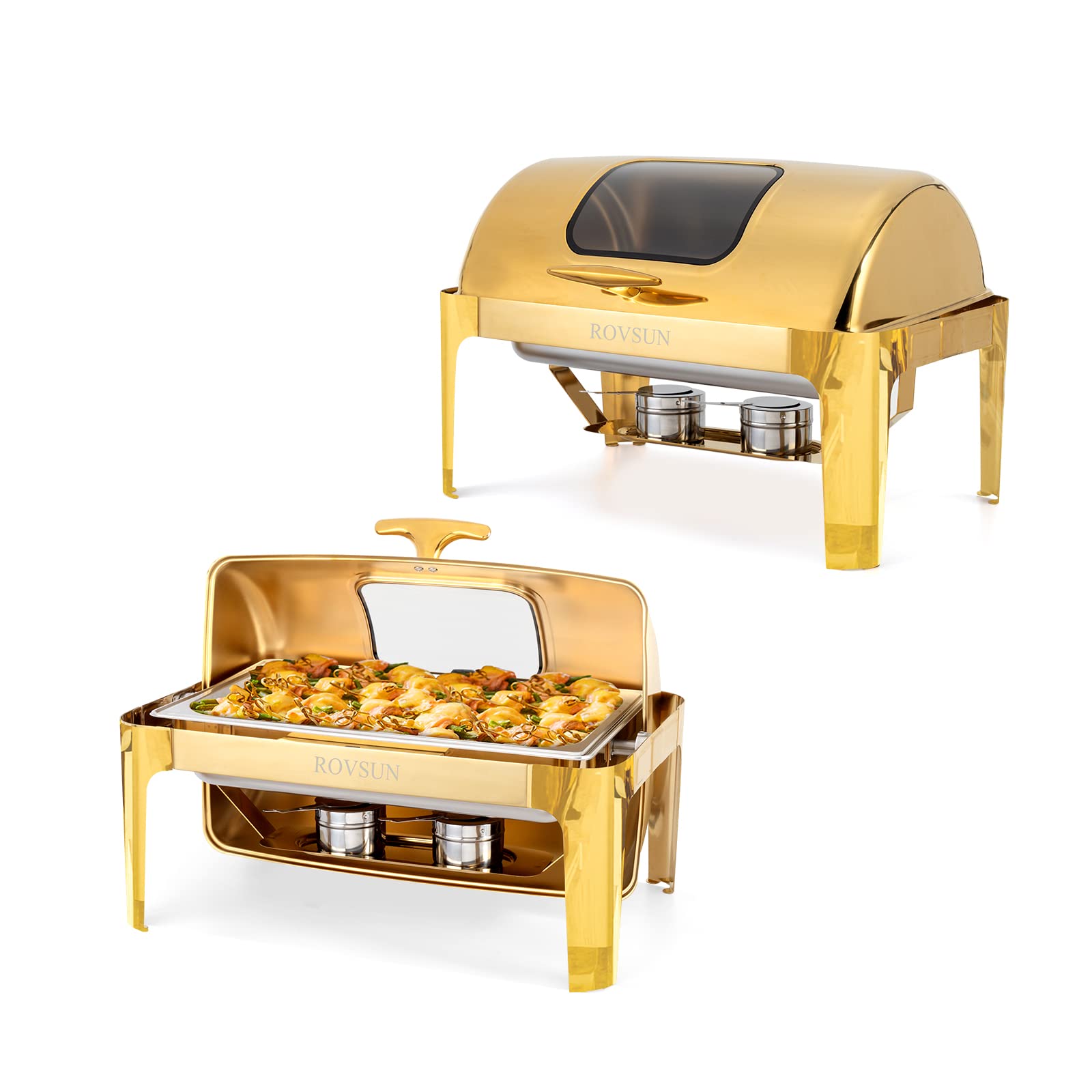 ROVSUN 9 QT Roll Top Rectangle Gold Chafing Dish Set with Visible Window