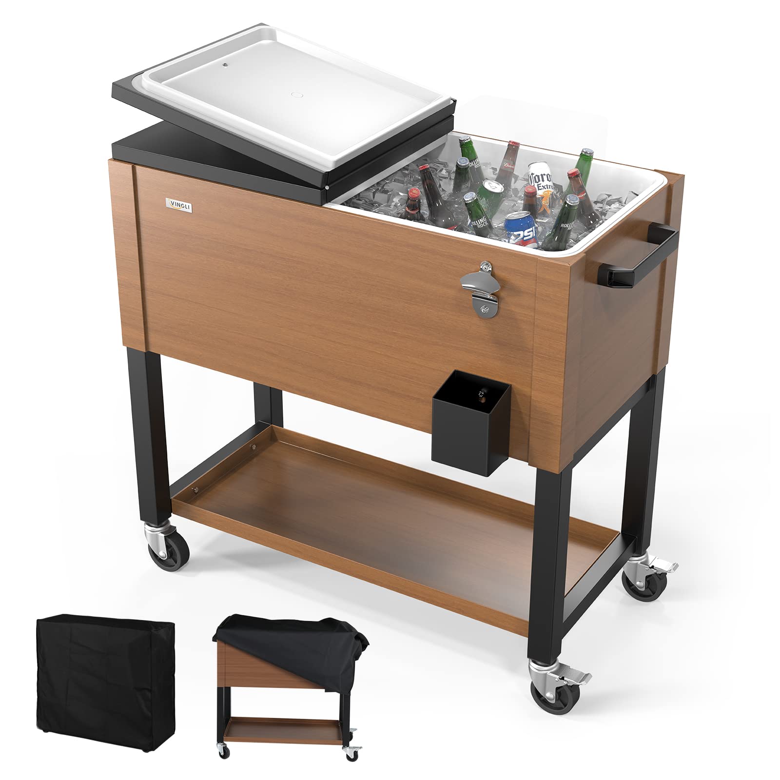 80 Quart Portable Outdoor Patio Rolling Cooler Cart Brown